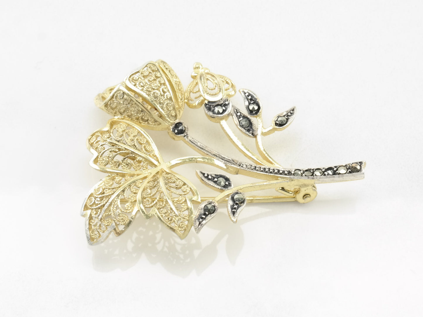 Sterling Silver Vintage Flower Brooch Marcasite Gold Hue