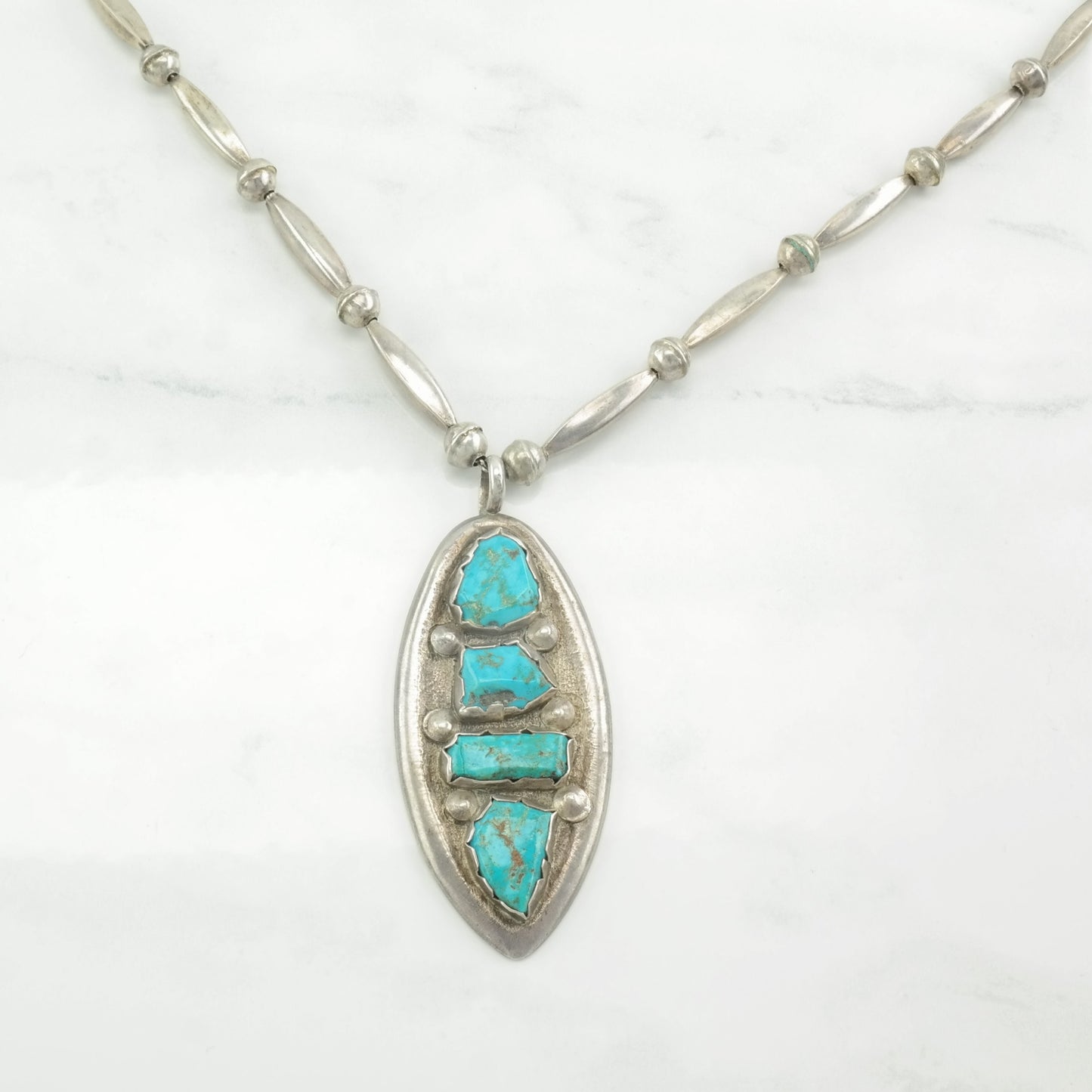Vintage Native American Sterling Silver Turquoise Beaded Necklace