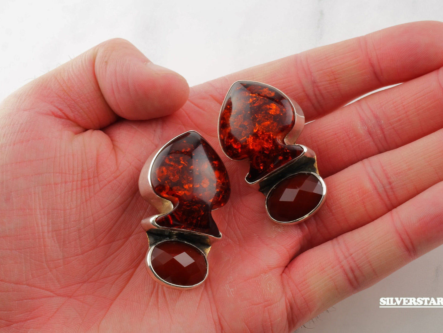 Sterling Silver Orange Red Amber Carnelian Clip-On Earrings