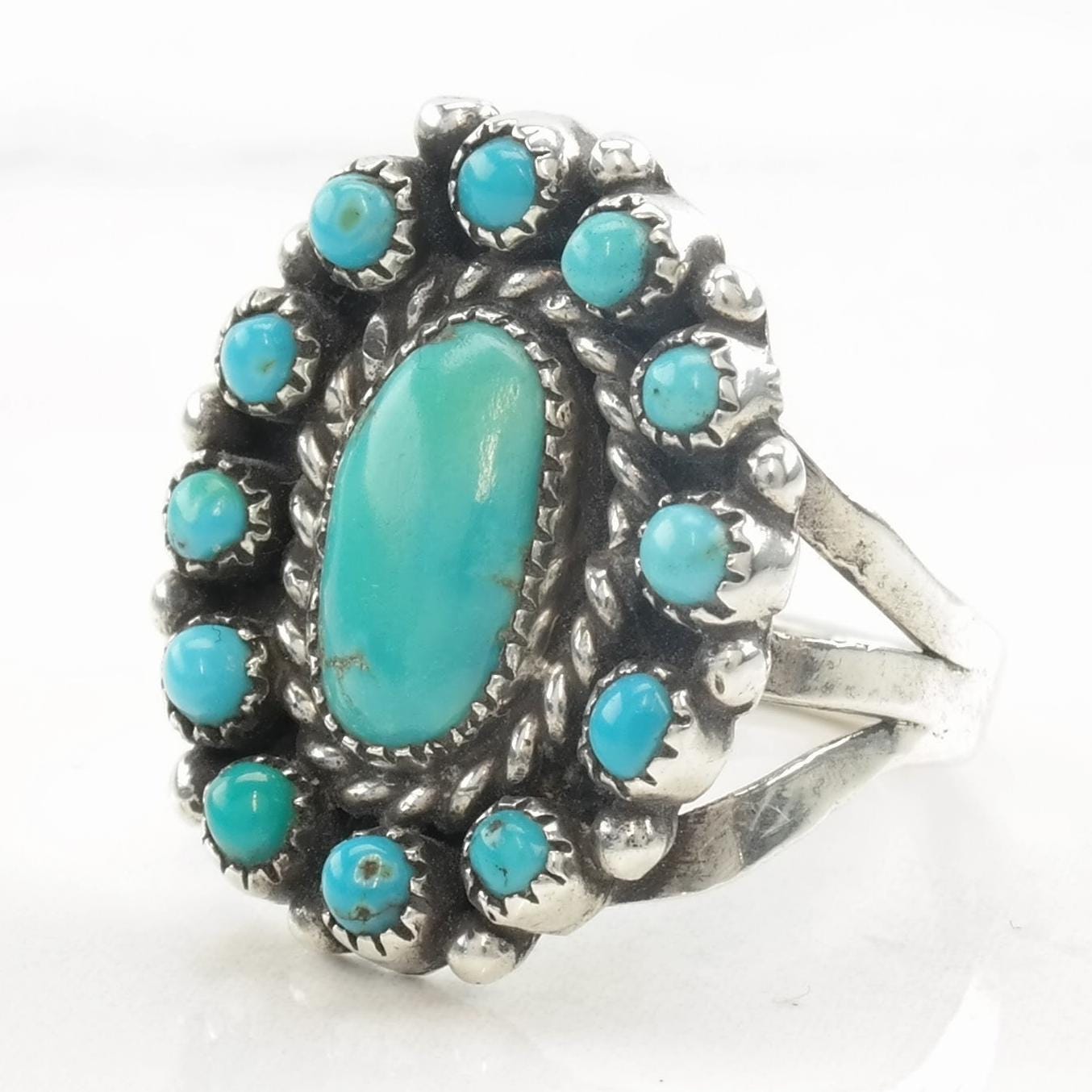 Vintage Native American Ring Turquoise Cluster Sterling Silver 5 3/4