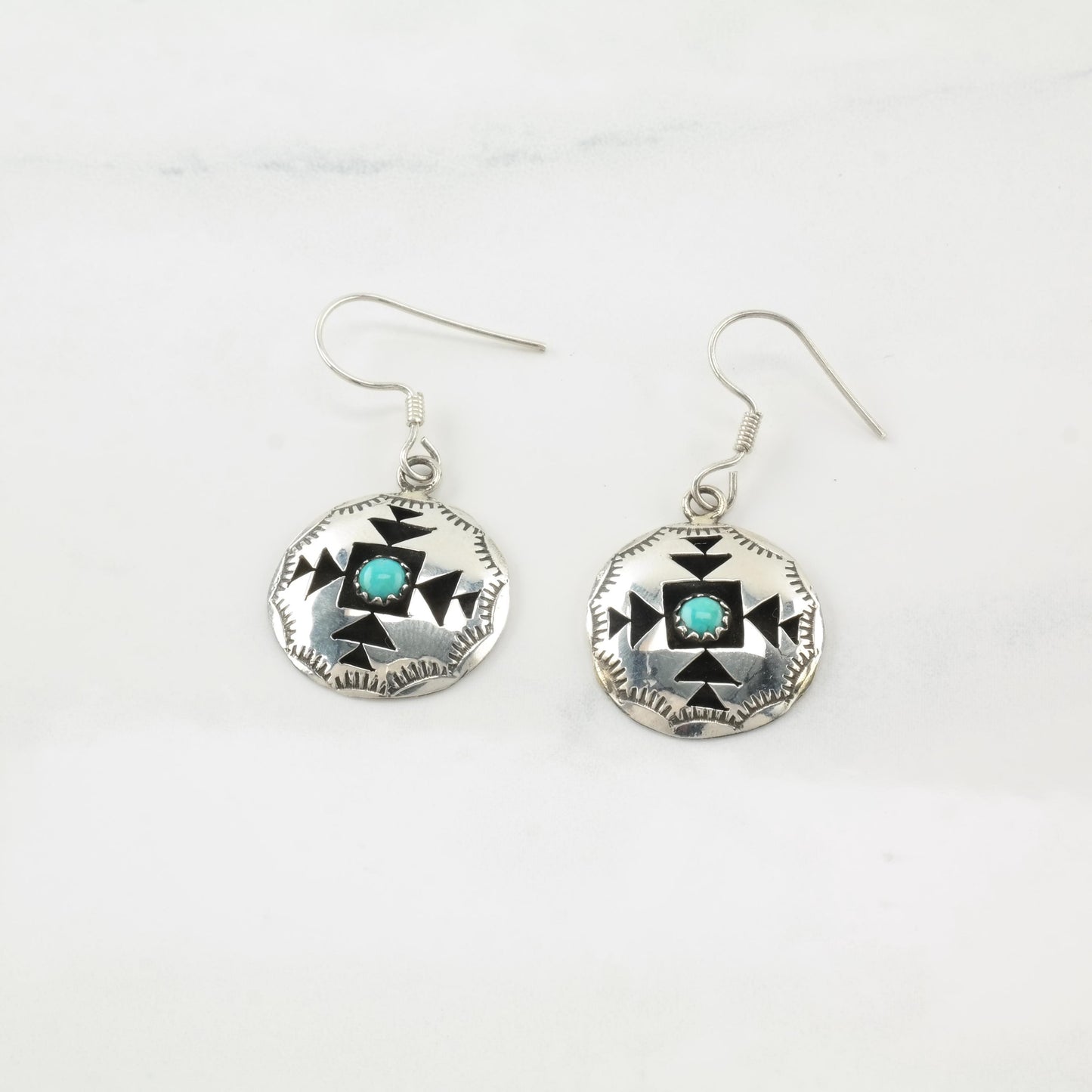 Vintage Native American Turquoise Stamped Sterling Silver Fish Hook Earrings