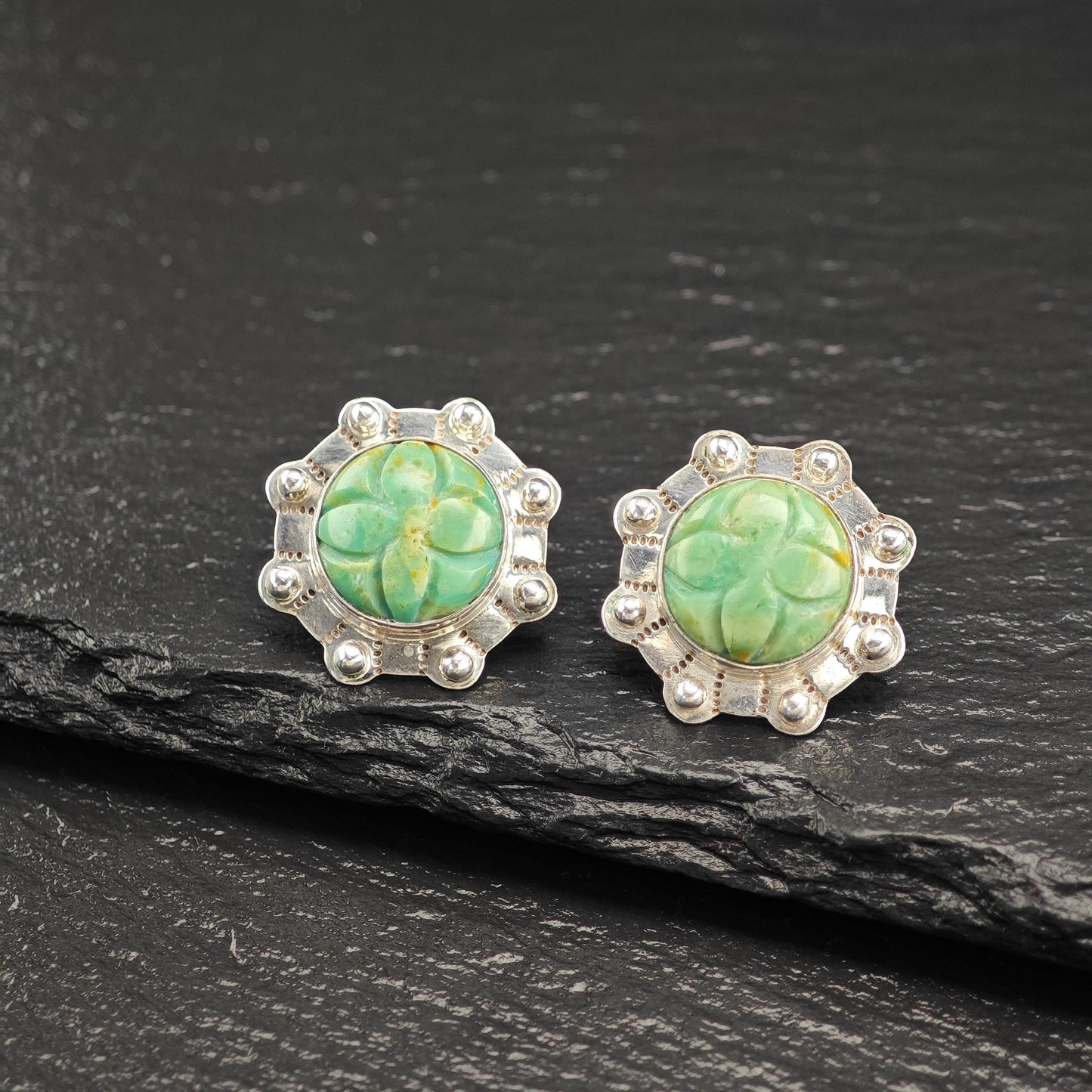 Green Gemstone Carved Floral Stud Earrings Sterling Silver