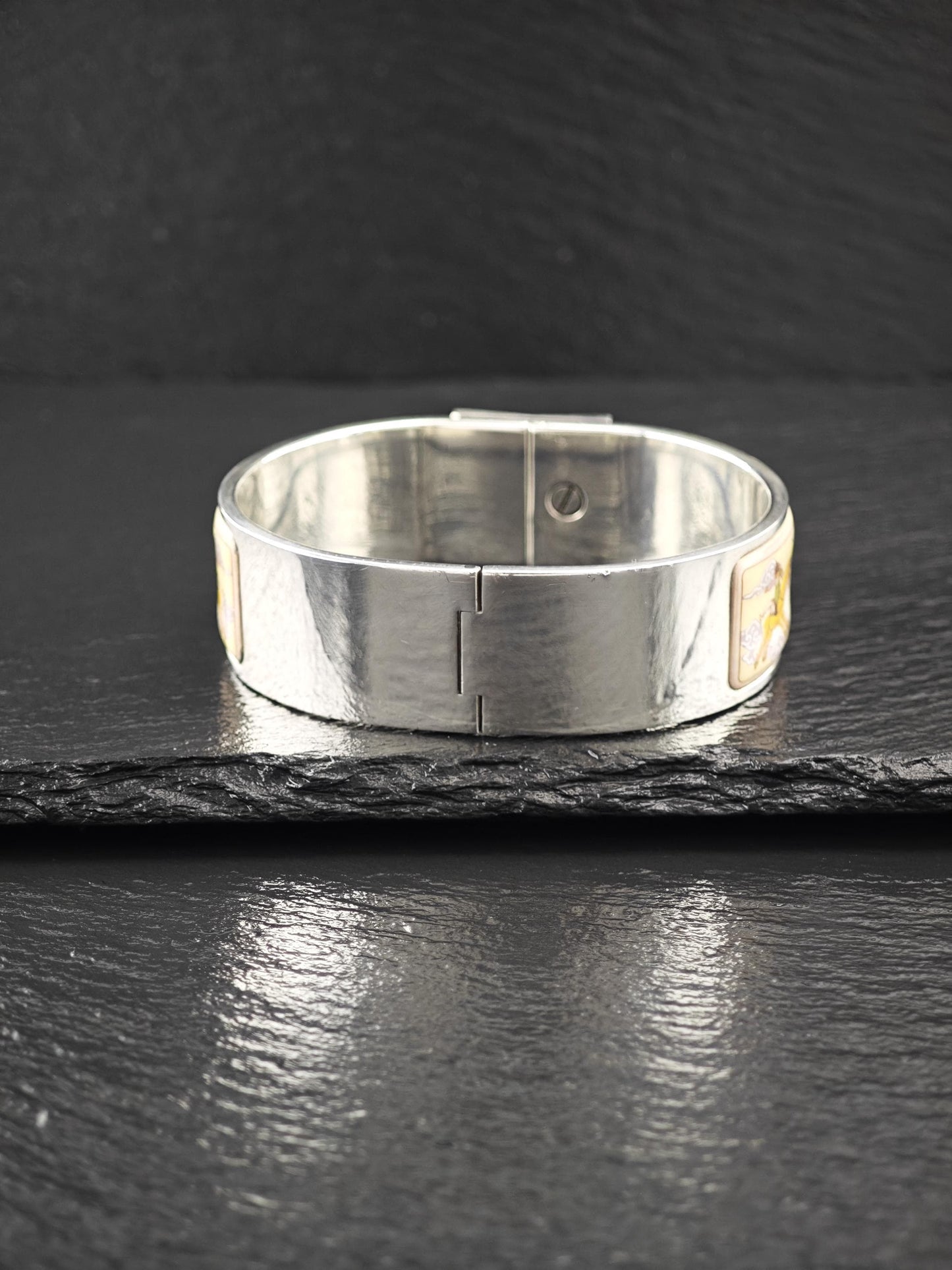 Rare Hermes Equestrian Bangle Bracelet Sterling Silver Porcelain Vintage