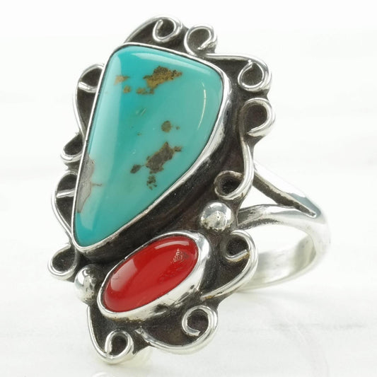 Vintage Native American Silver Ring Turquoise, Coral Sterling Size 6 3/4