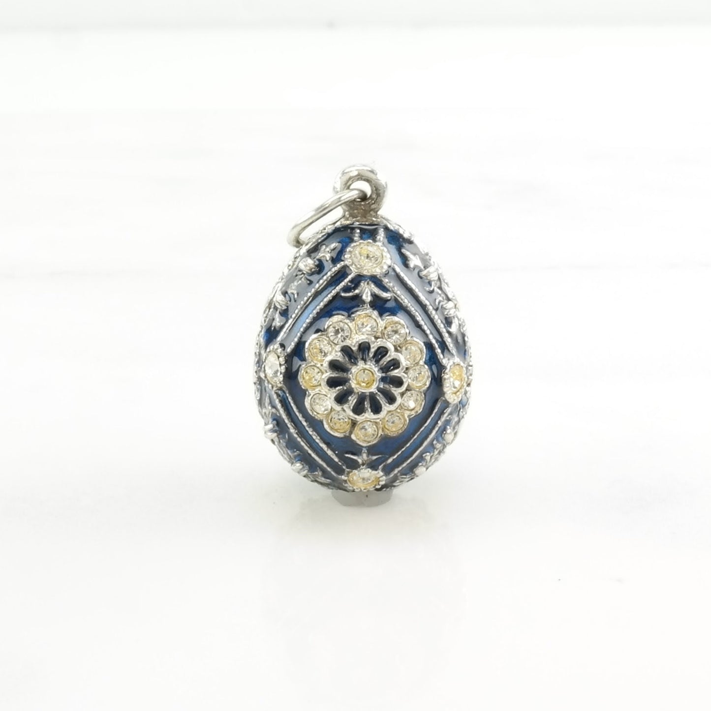 Vintage Enamel, CZ Egg, Floral Sterling Silver Pendant