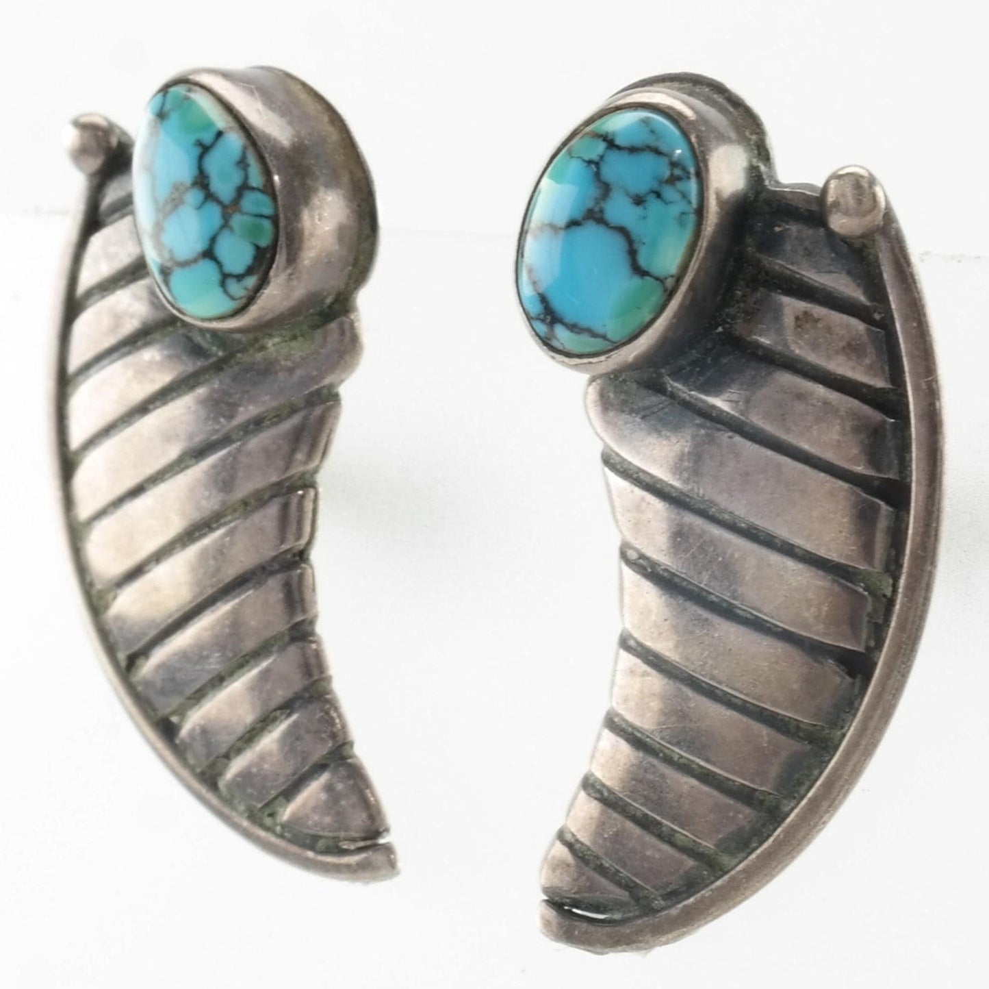 Native American Spiderweb Turquoise Claw Design Sterling Silver Earrings Screwback