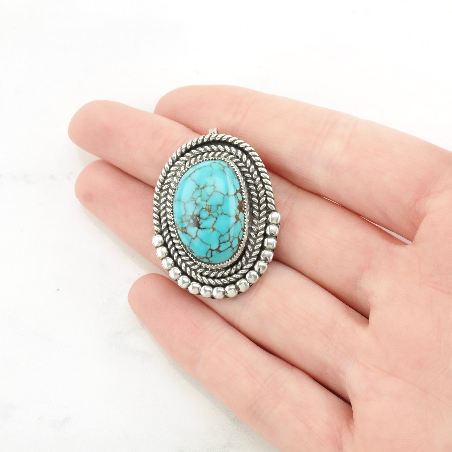 Vintage Native American Turquoise, Spiderweb Rope Sterling Silver Pendant