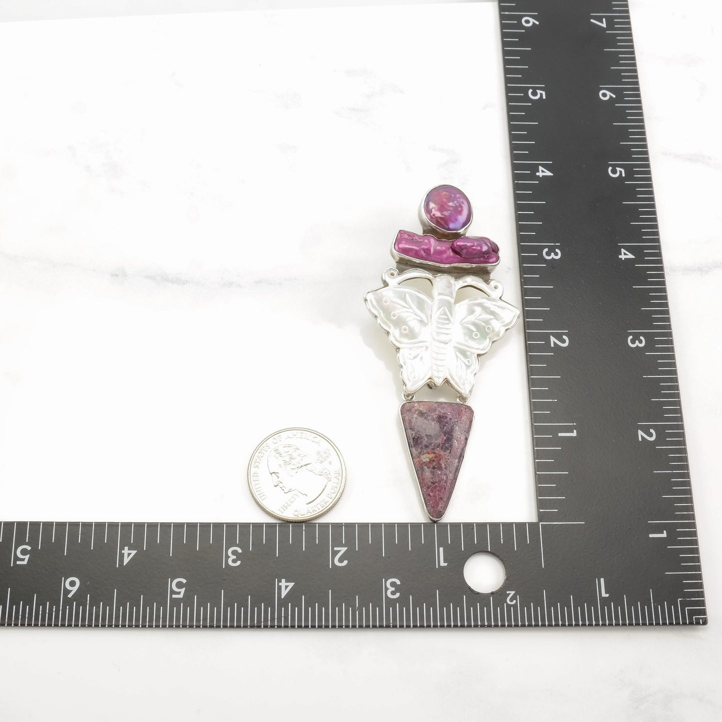 Vintage AKR Sterling Silver, Carved Mother-of-Pearl Butterfly, Sugilite, and Freshwater Pearl Pendant, Designer Signed, Statement Pendant