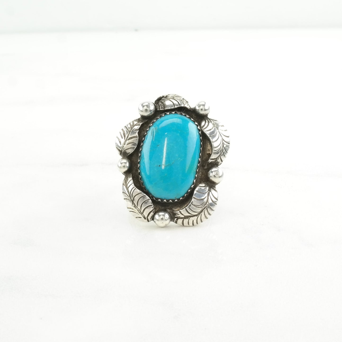 Vintage Native American Silver Ring Turquoise Leaf, Large Sterling Blue Size 6 1/2