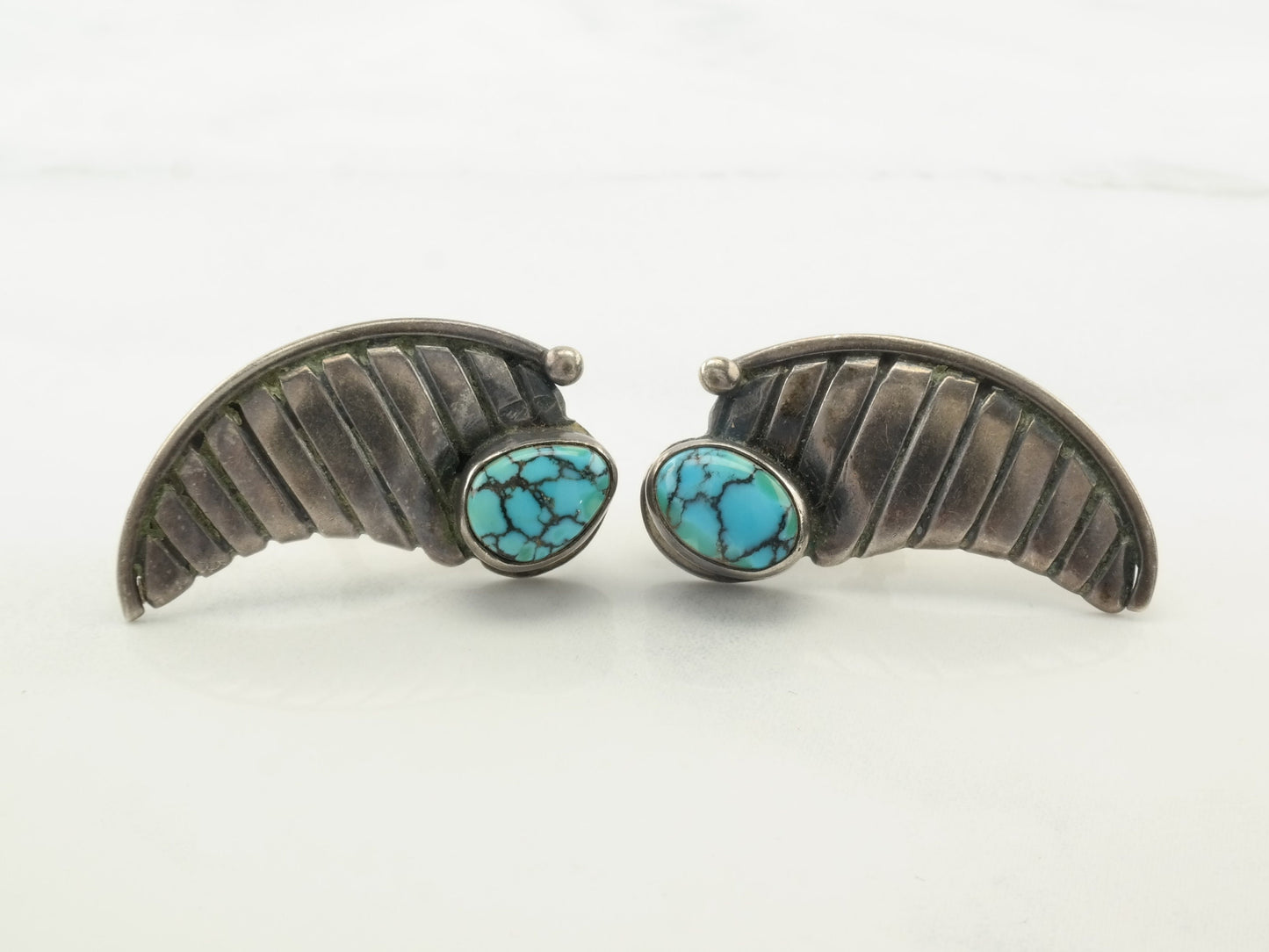 Native American Spiderweb Turquoise Claw Design Sterling Silver Earrings Screwback