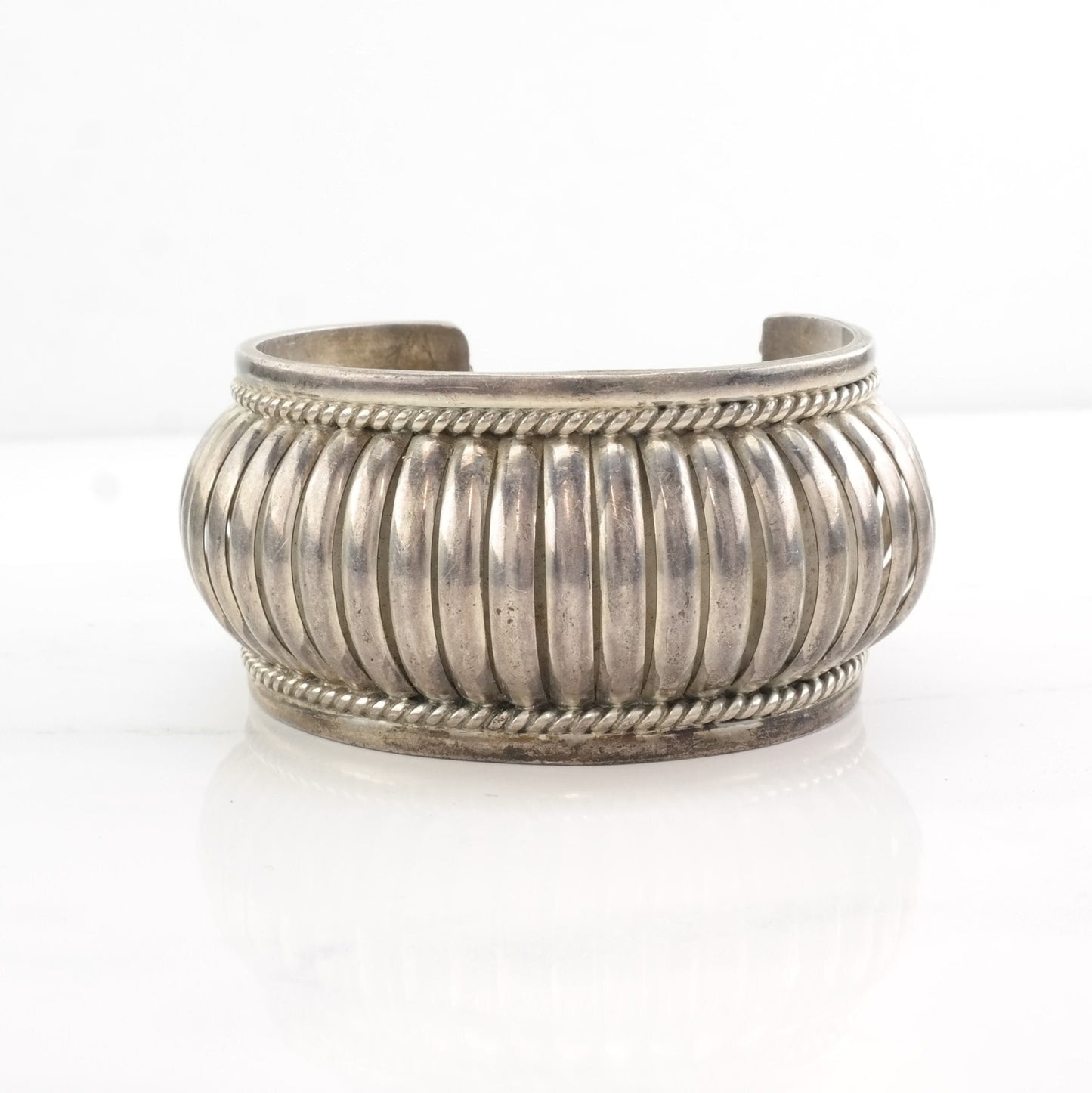 Vintage Sterling Silver Scalloped Cuff Bracelet, Size 7 1/4, 1980s, Signed Native American, Statement Jewelry