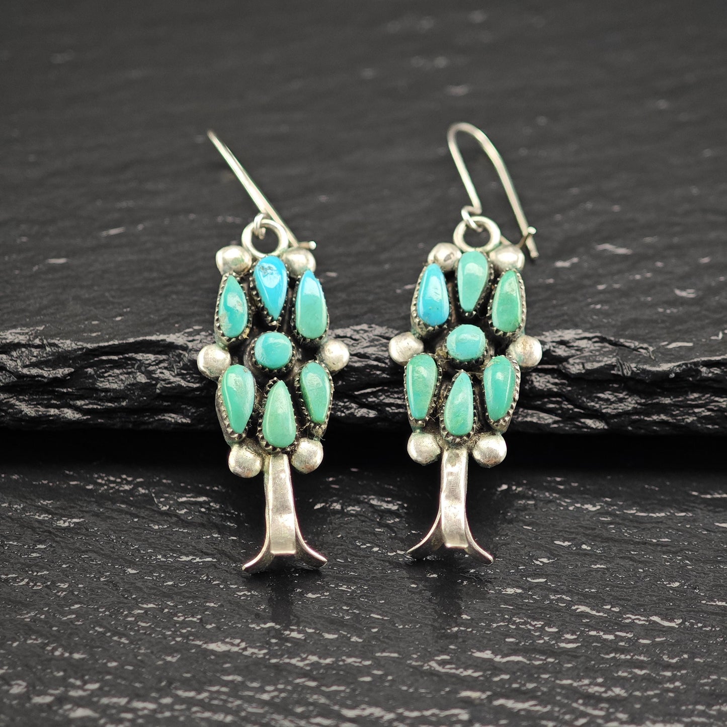 Zuni, Raynold Lonsee Floral Turquoise Kidney Wire Earrings Sterling Silver