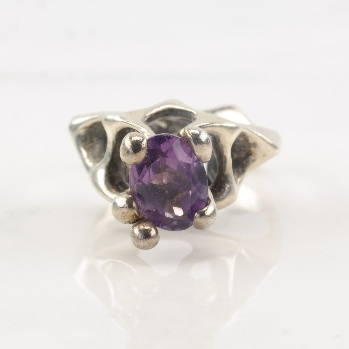 Vintage Modernist Silver Ring Amethyst Sterling Purple Size 6