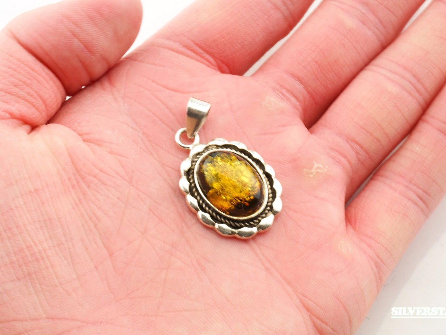 Vintage Yellow Amber Sterling Silver Pendant