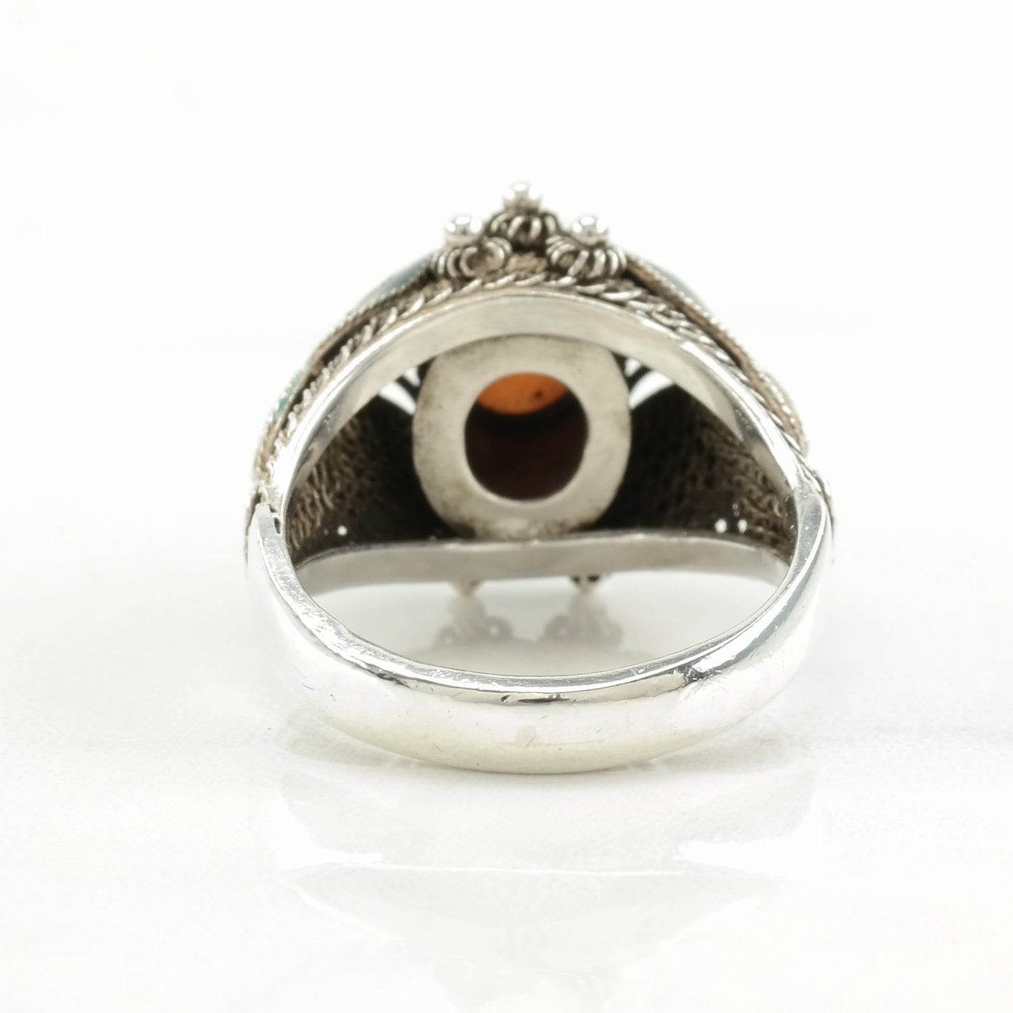 Chinese Export Ring Coral Enamel, Butterfly Sterling Silver Sz7 R4592