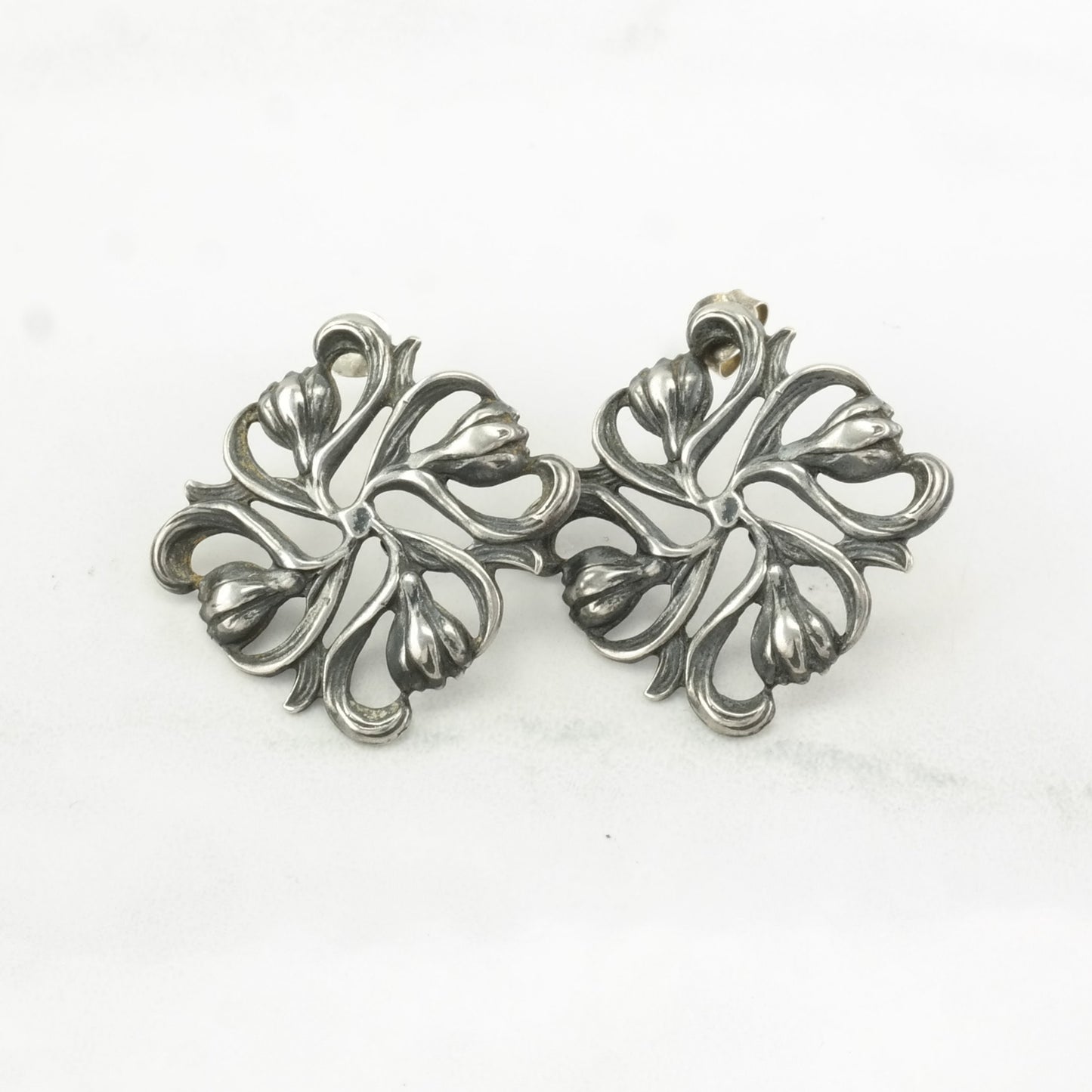 Vintage Sterling Silver Stud Earrings Floral Square