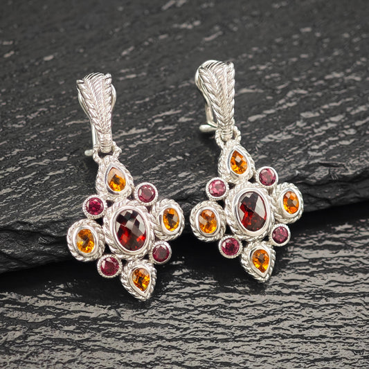 Judith Ripka Garnet Citrine Floral Sterling Silver Omega Back Earrings