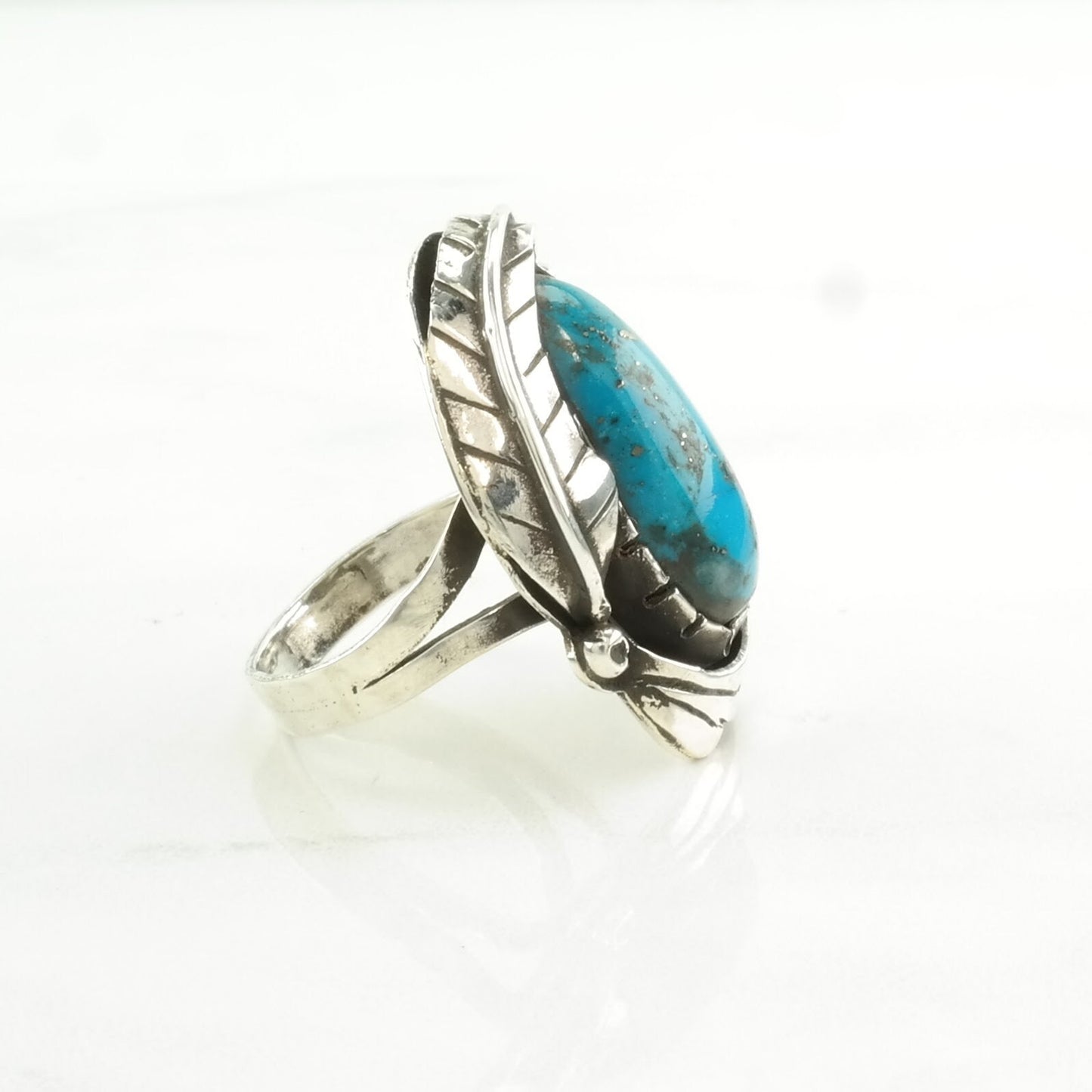 Vintage Southwest Silver Ring Turquoise Leaf Sterling Blue Size 7 1/2