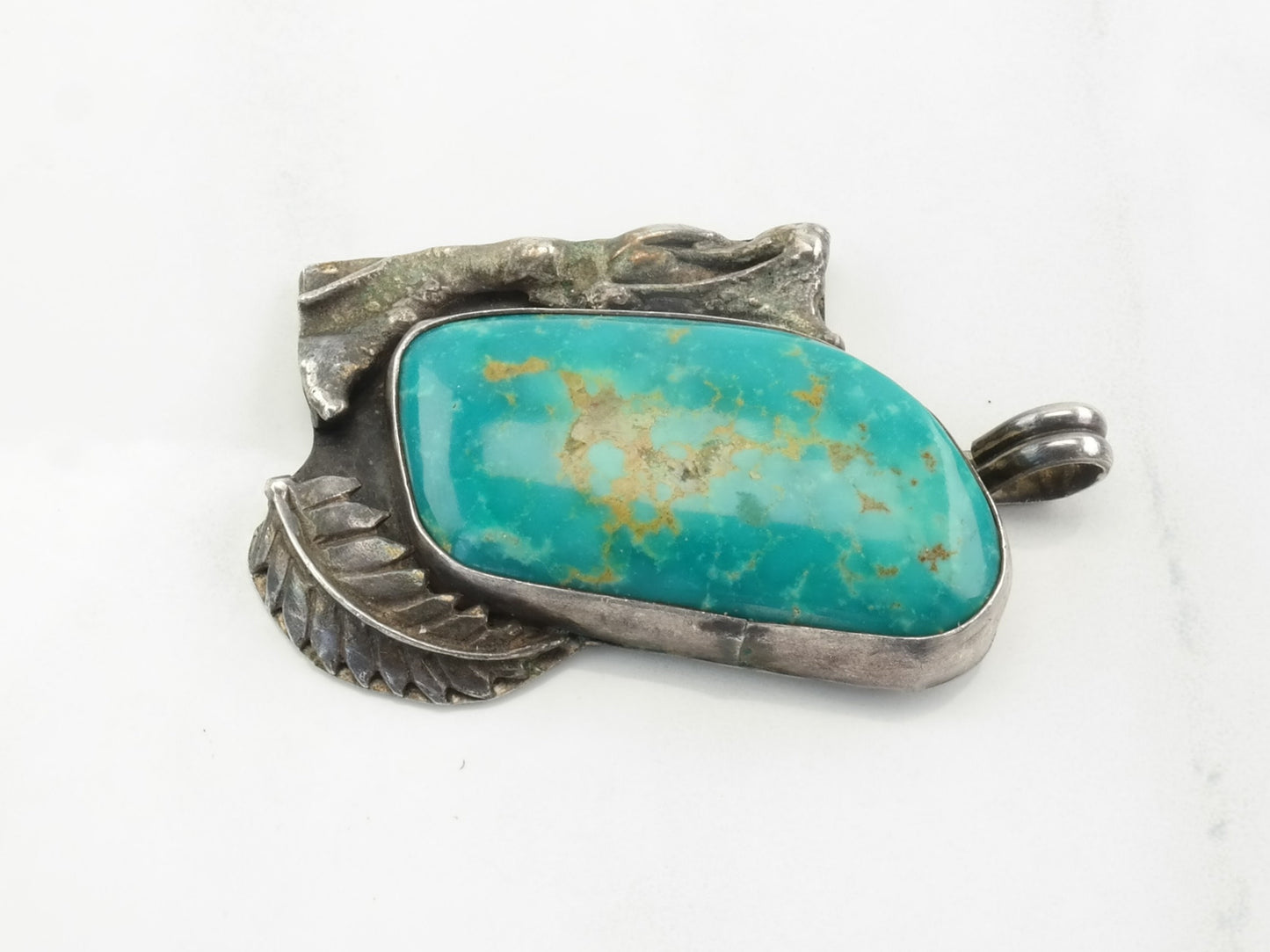 Vintage Southwest Turquoise Leaf Sterling Silver Pendant