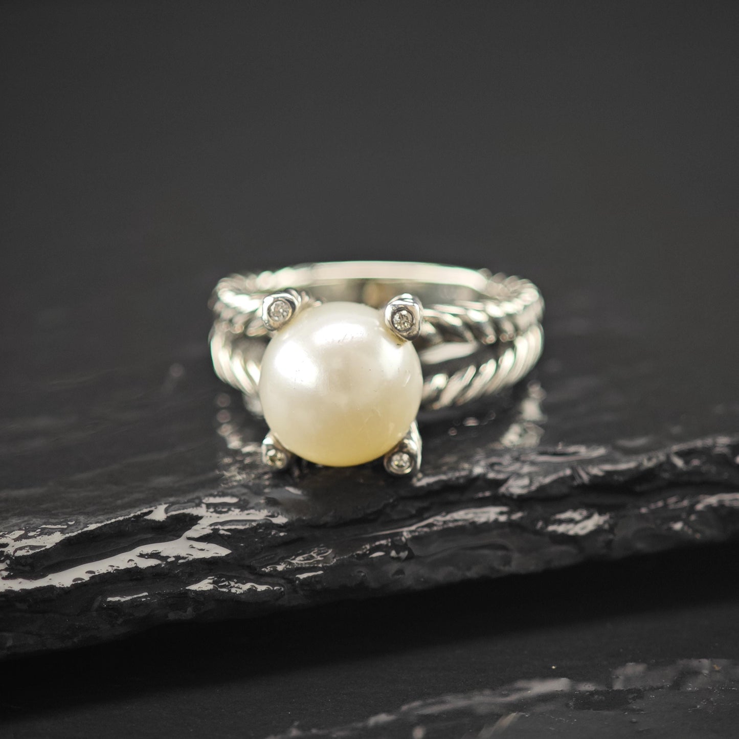 David Yurman 10mm Pearl Diamond Cable Ring Sterling Silver