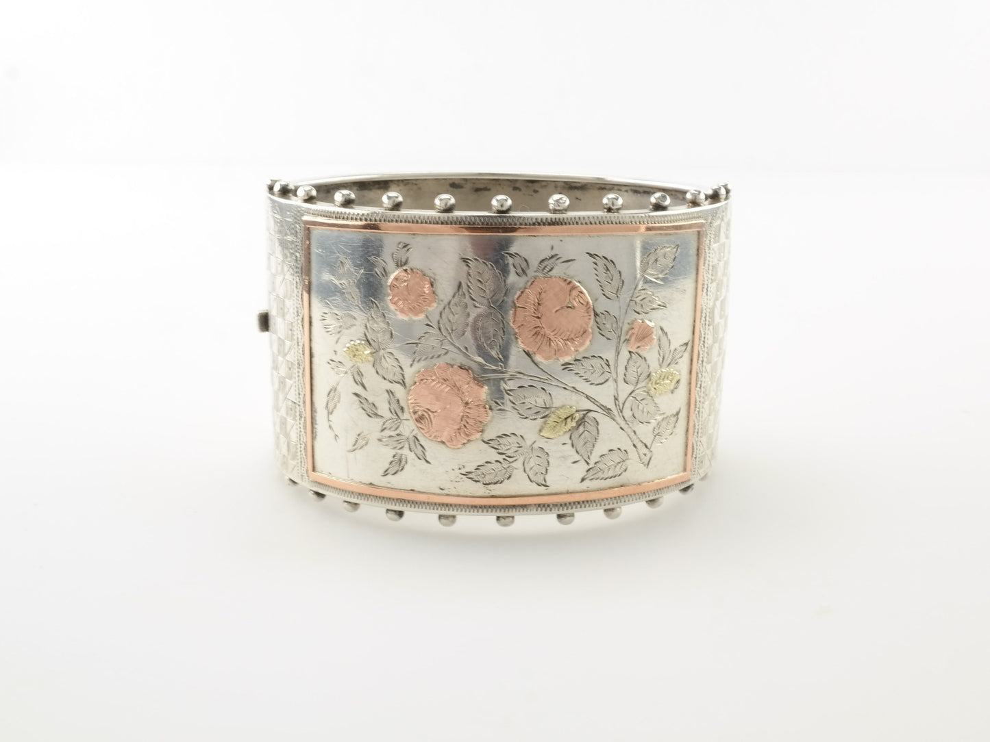 Antique Rose Bangle Floral Bracelet Gold Overlay Sterling Silver Cuff
