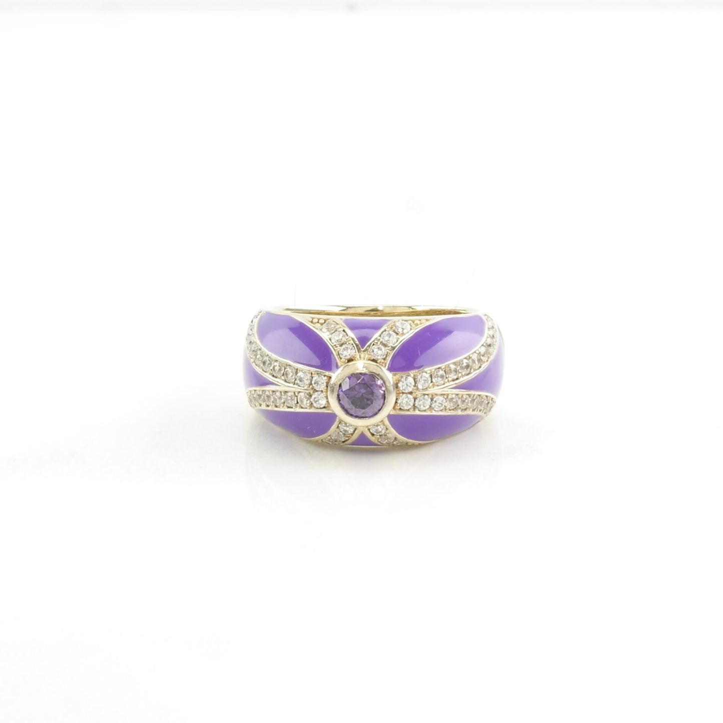 Vintage Sterling Silver Ring CZ, Enamel Striped Purple Size 6
