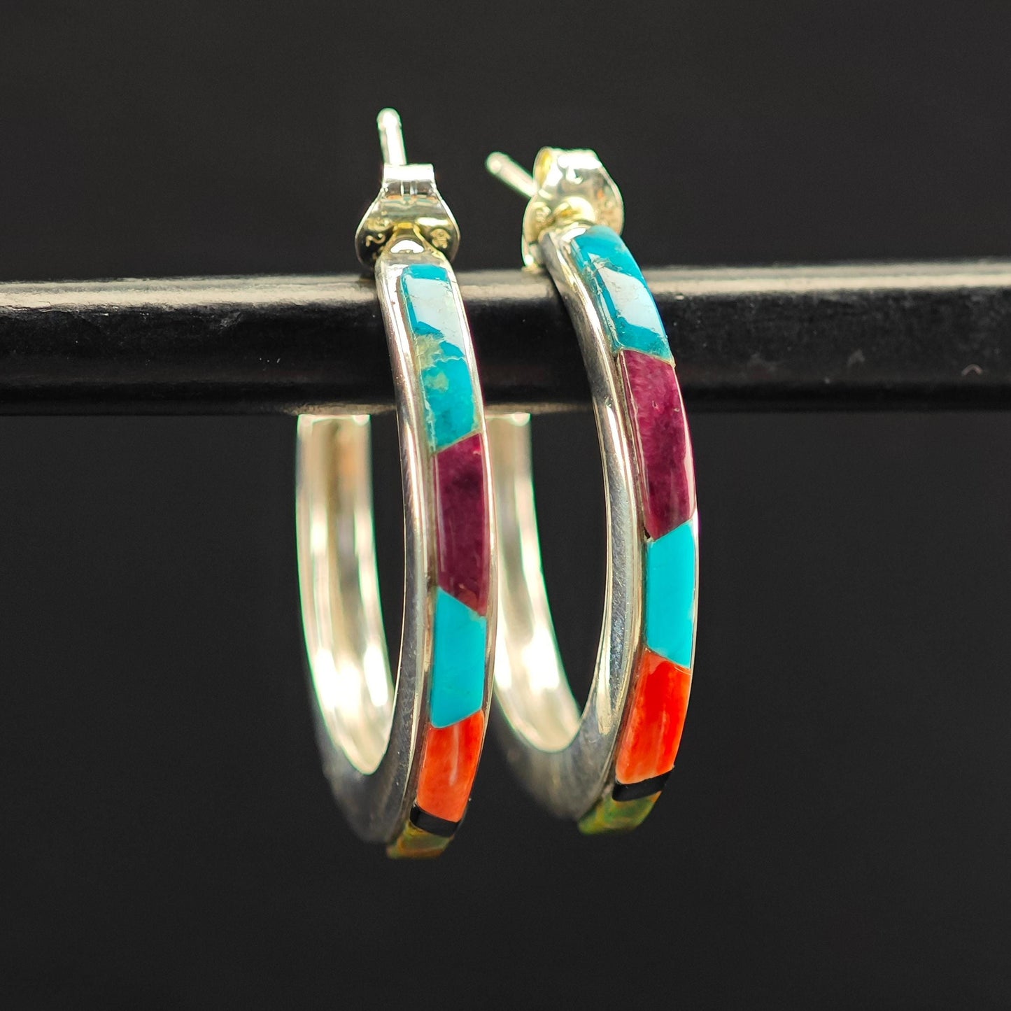 Southwest Turquoise, Coral Inlay Stud/Hoop Earrings Sterling Silver