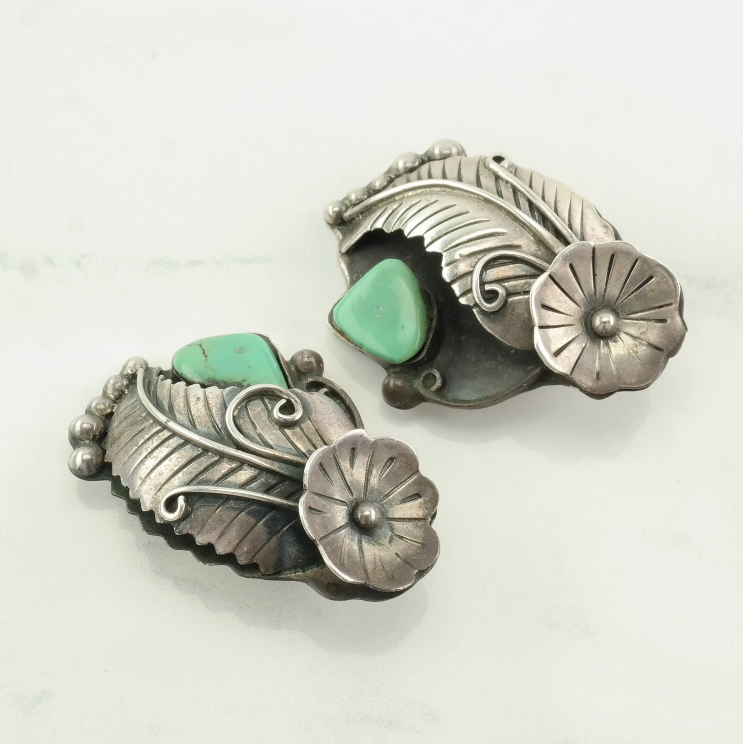 Vintage Southwest Sterling Silver Green Turquoise Flower & Feather Clip-On Earrings, 1 3/4 Inches Long