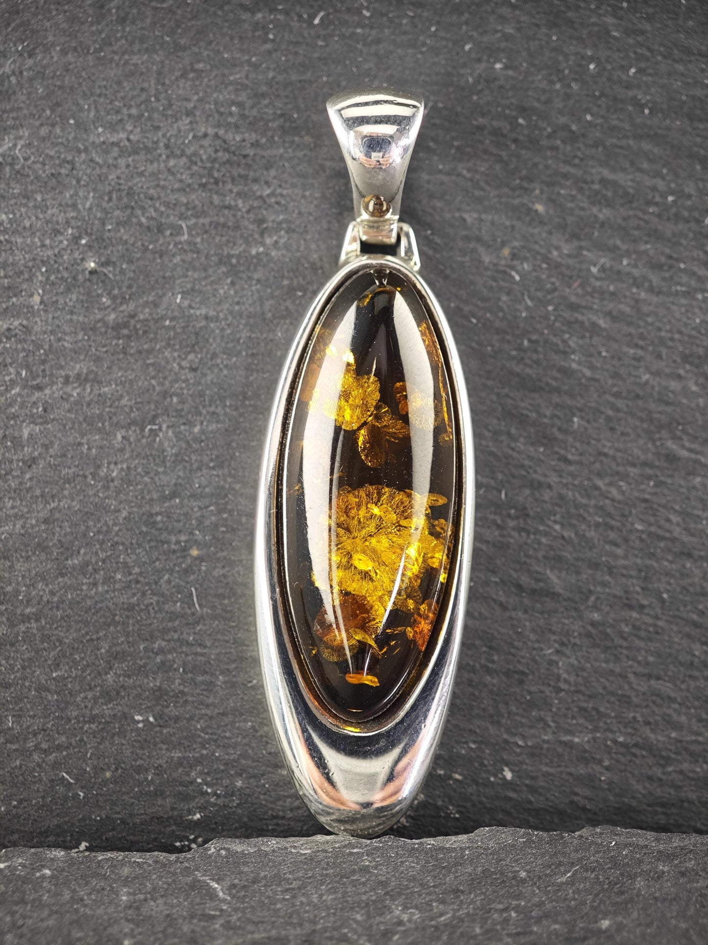 Vintage Modernist Amber Pendant, Poland Sterling Silver