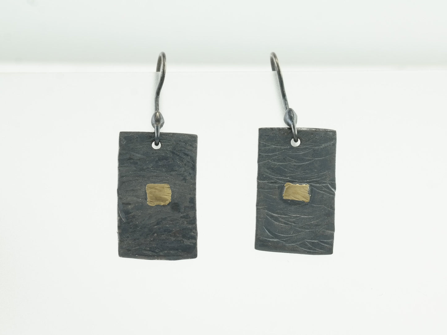 Modernist Sterling Silver Rectangular 18k Gold Fish Hooks Earrings