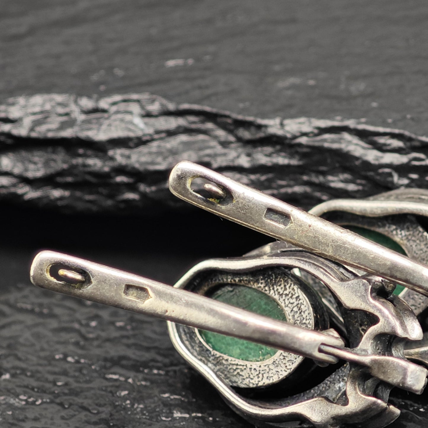 European, Art Deco St Green Malachite Rhinestone Sterling Silver Latch Earrings ER3118