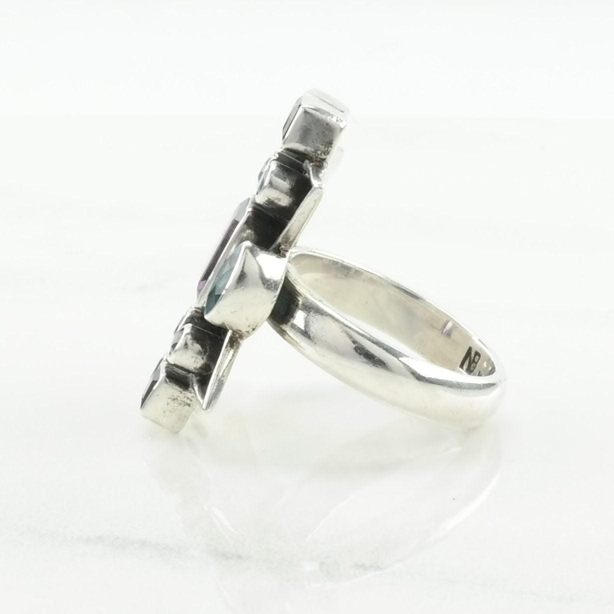 Vintage Nicky Butler Silver Ring Amethyst, Topaz Cluster, Geometric Sterling Blue, Purple Size 7