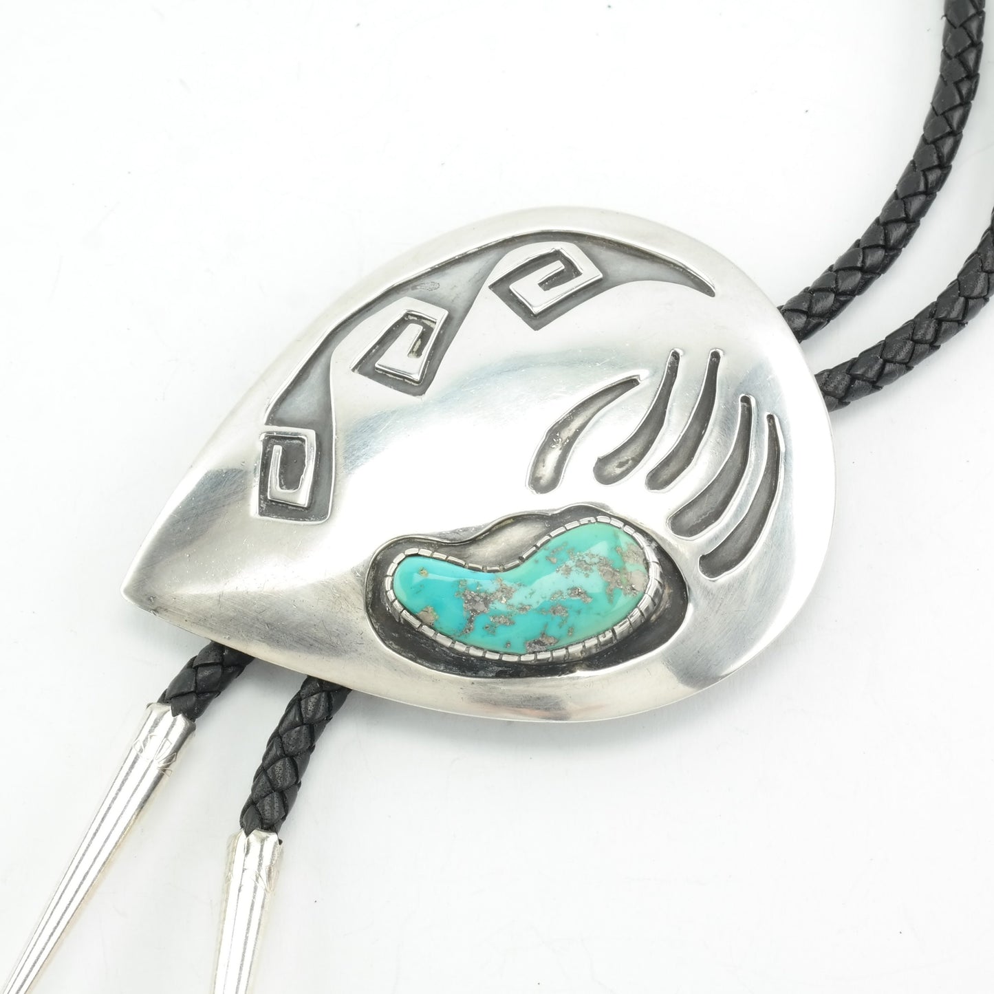 Vintage Navajo Sterling Silver Bolo Tie, Turquoise Bear Paw, Native American Jewelry, Southwestern Style, Mens Bolo Tie, 1970s