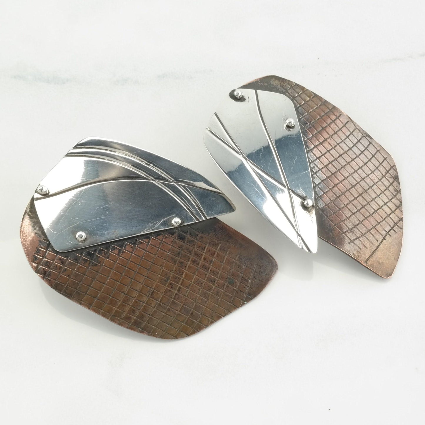 Studio Abstract Stud Earrings Sterling Silver, Copper Textured,