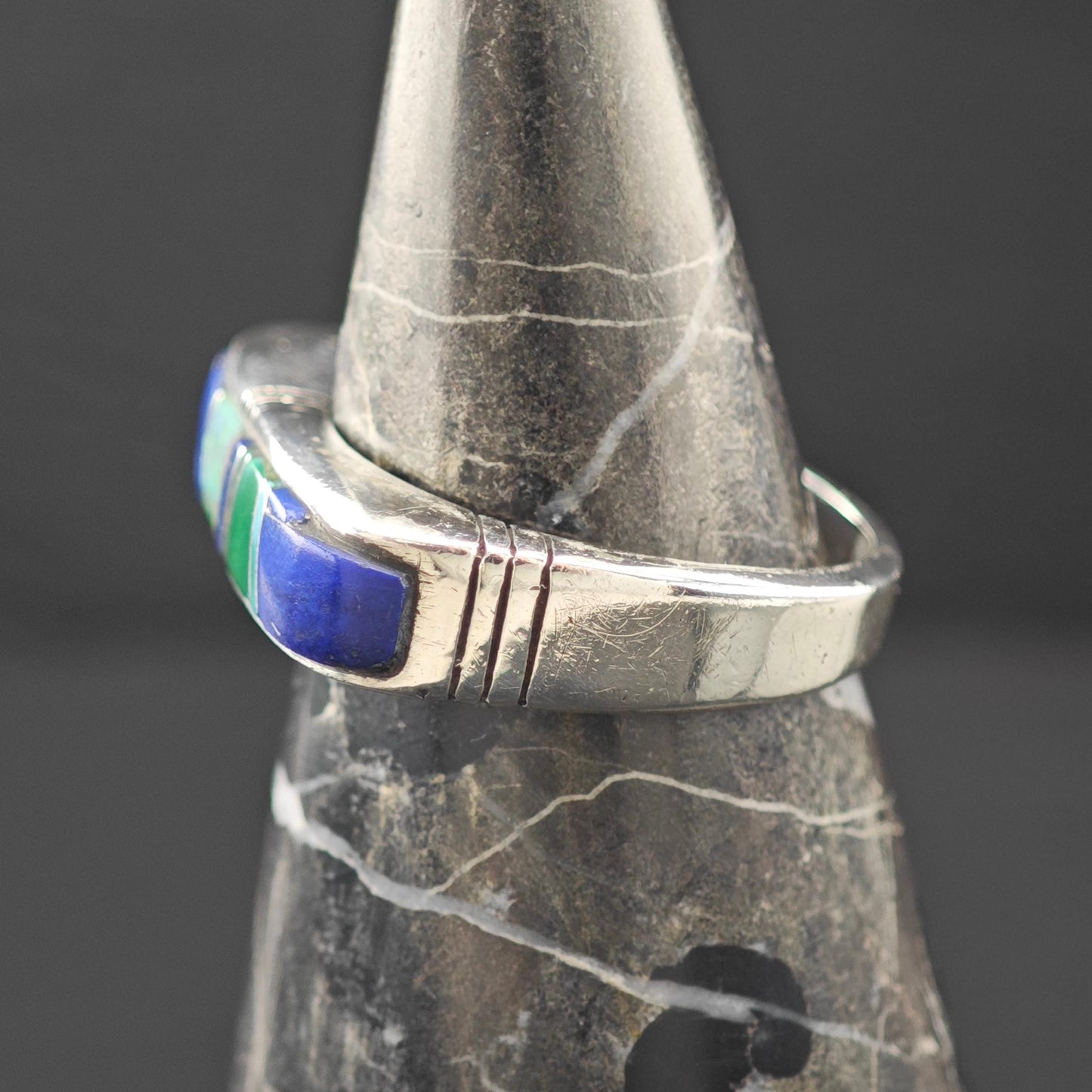 Native American Lapis, Turquoise, Lab Opal Inlay Ring Sterling Silver