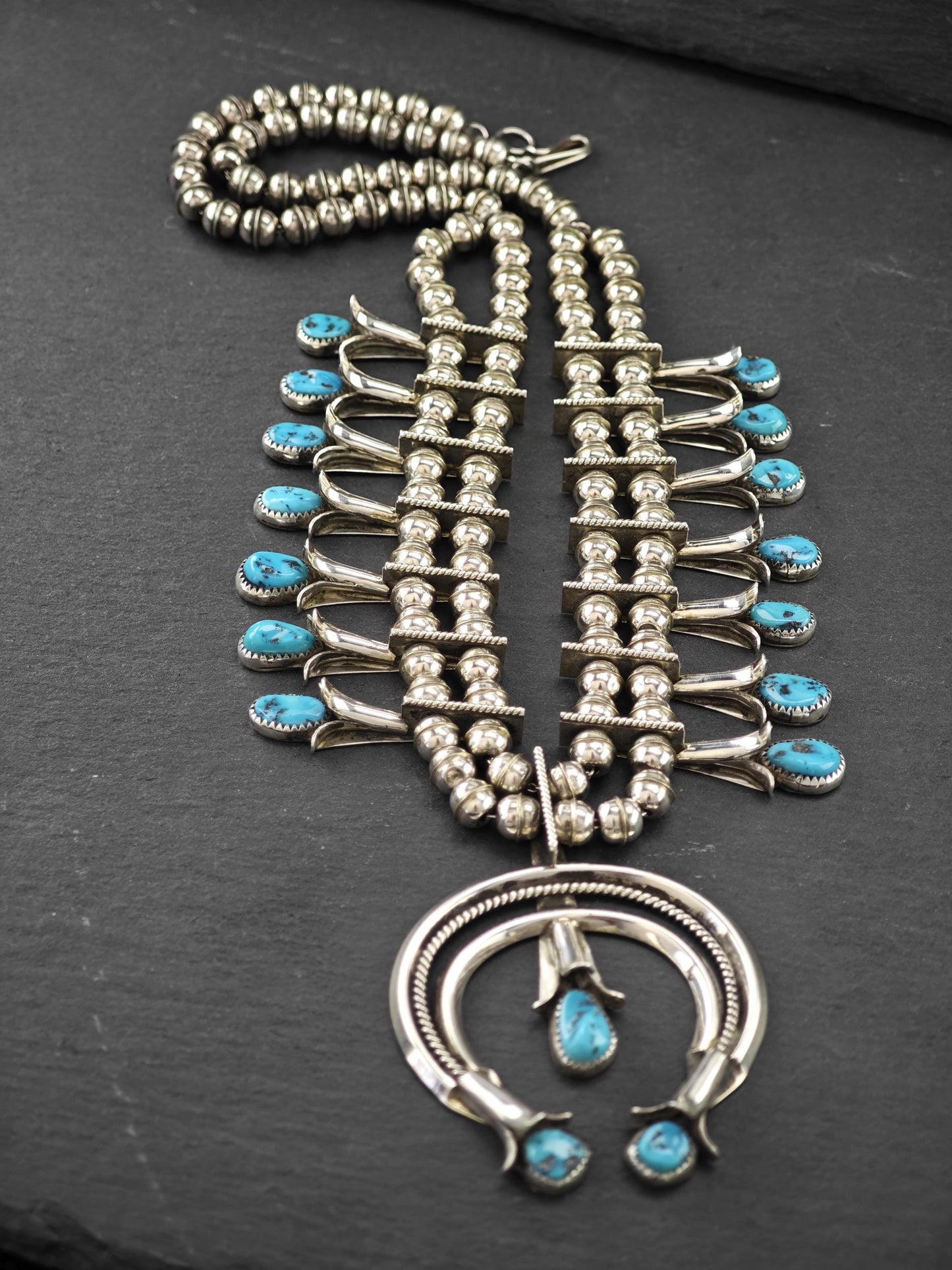 Navajo, Native American Turquoise Squash Blossom Necklace Sterling Silver