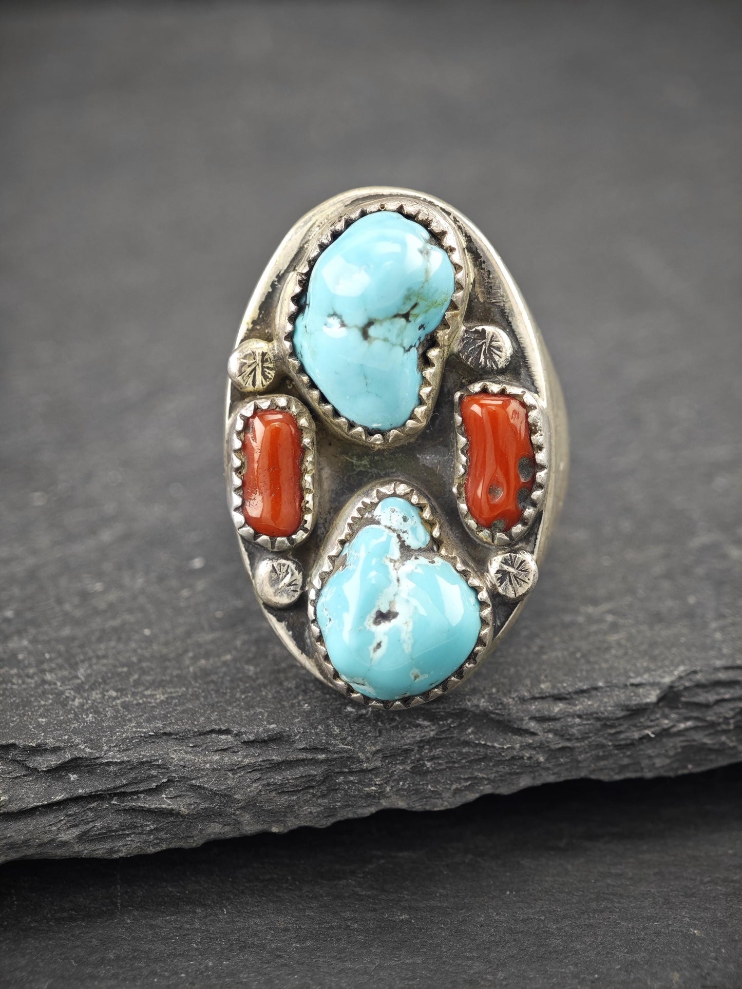 Native American, Coral, Turquoise Ring Sterling Silver