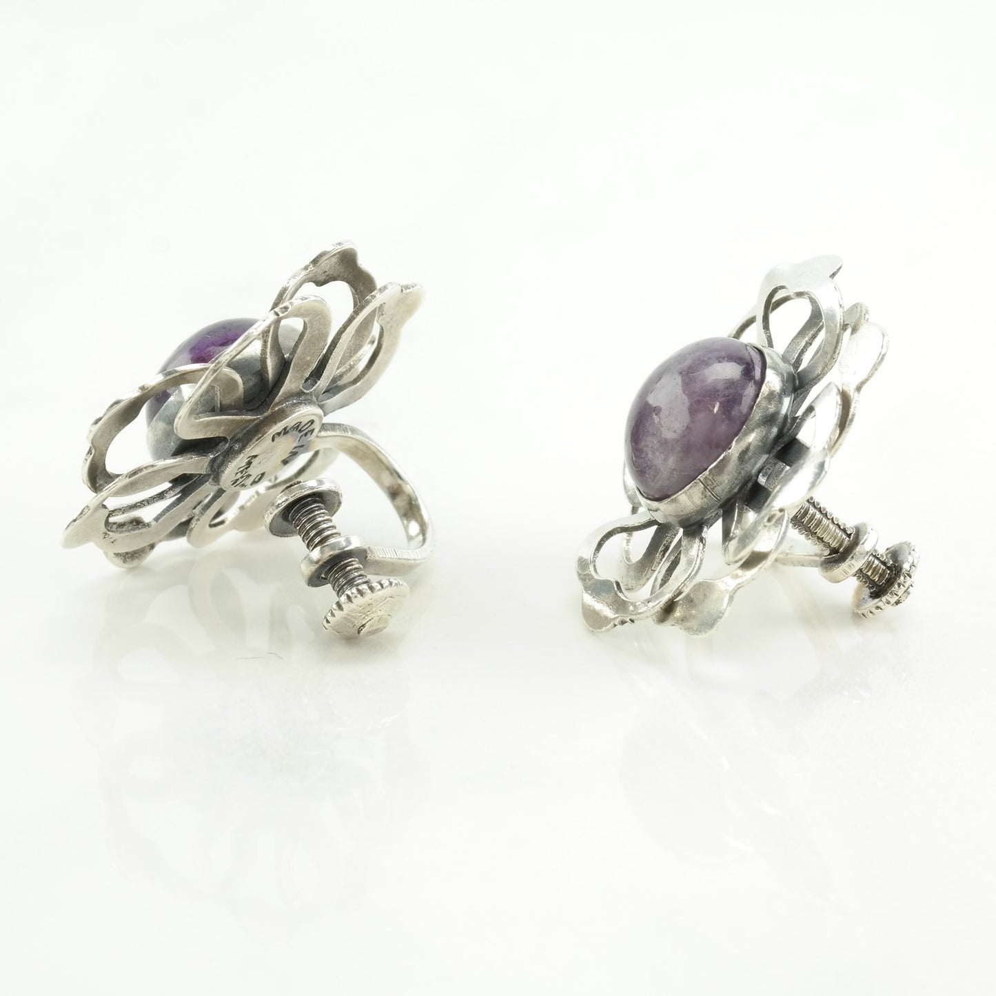 Taxco Style Sterling Silver Amethyst Floral Earrings Screw back