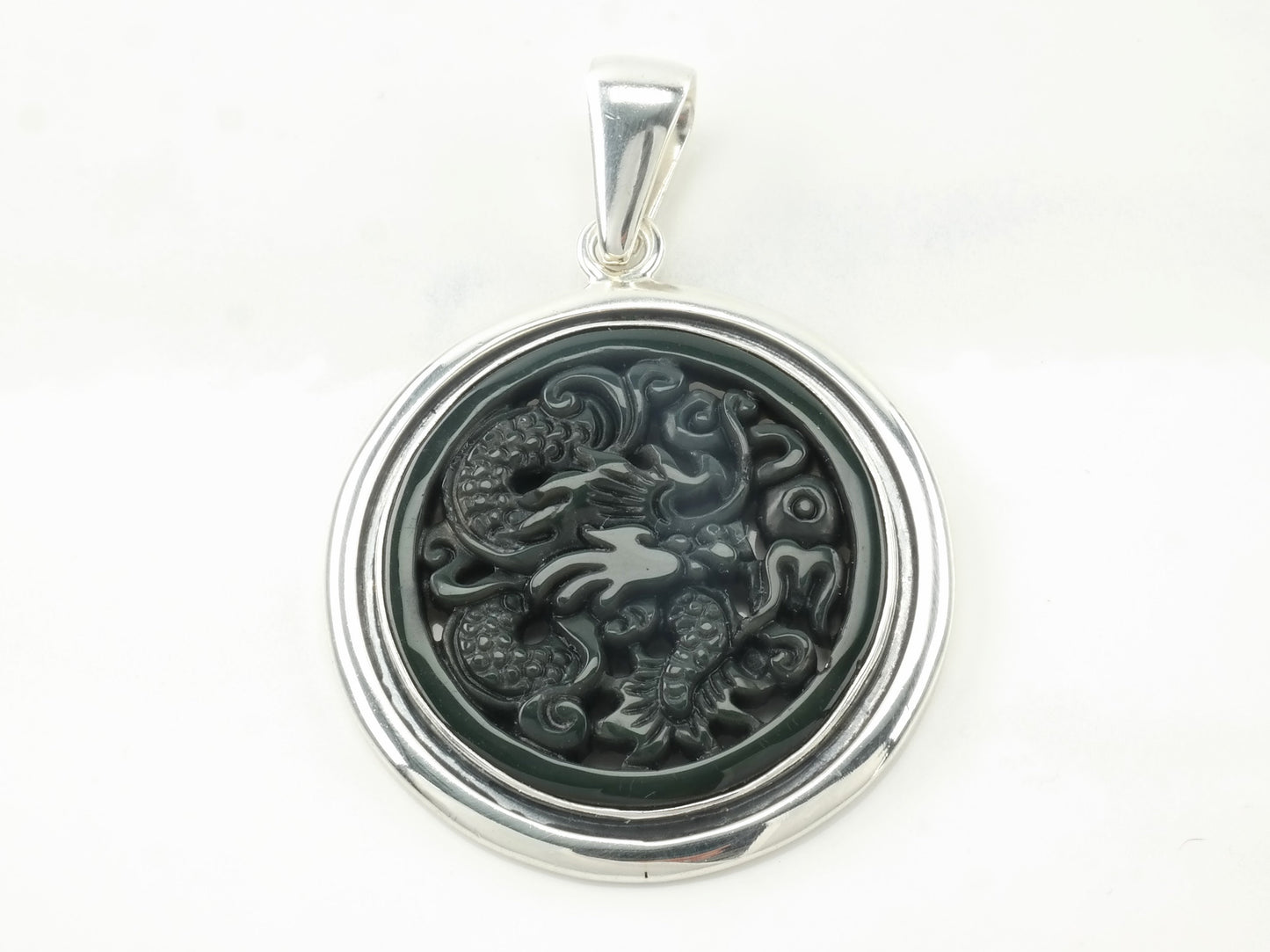 Vintage Carved Gemstone Dragon Sterling Silver Dark Green Pendant