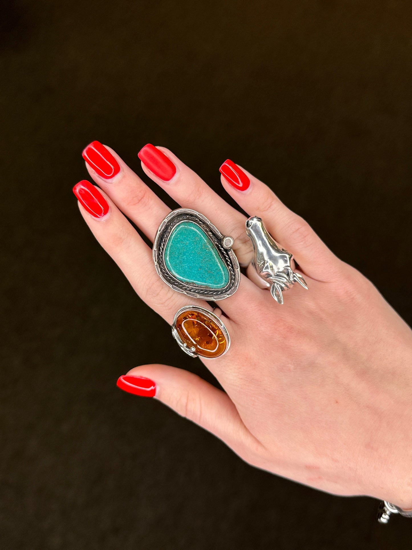 Vintage European Silver Ring Amber Oval Swirl Sterling Size 8