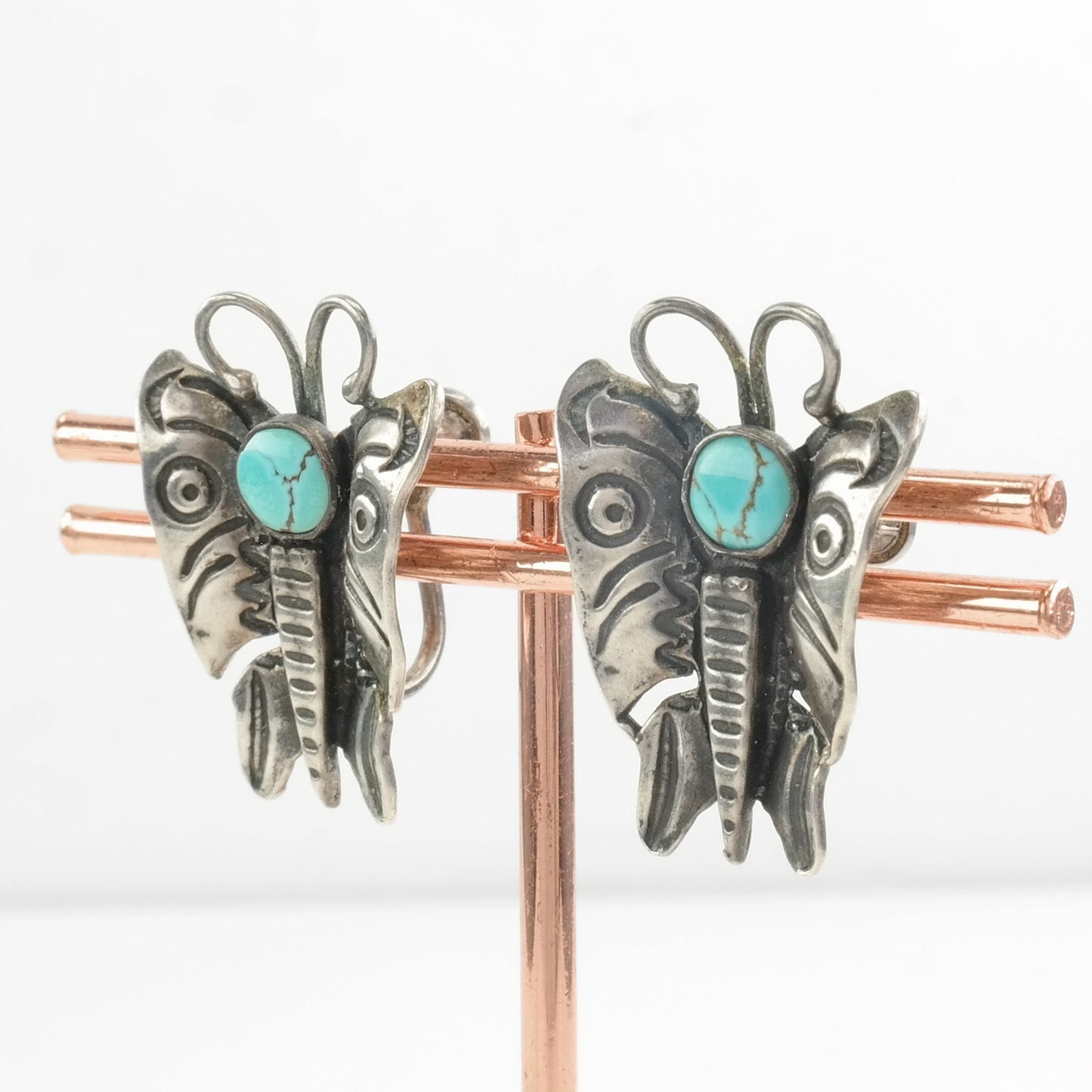 Native American Sterling Silver Blue Turquoise Butterfly Earrings Screwback