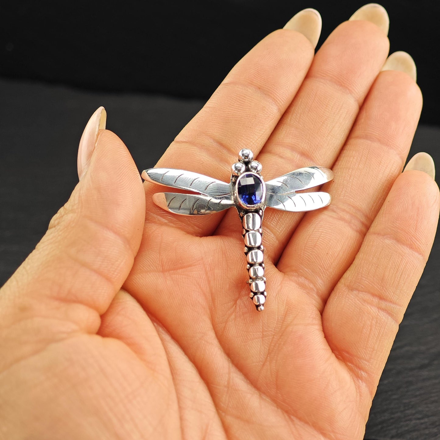 Blue Dragonfly Gem Brooch Sterling Silver
