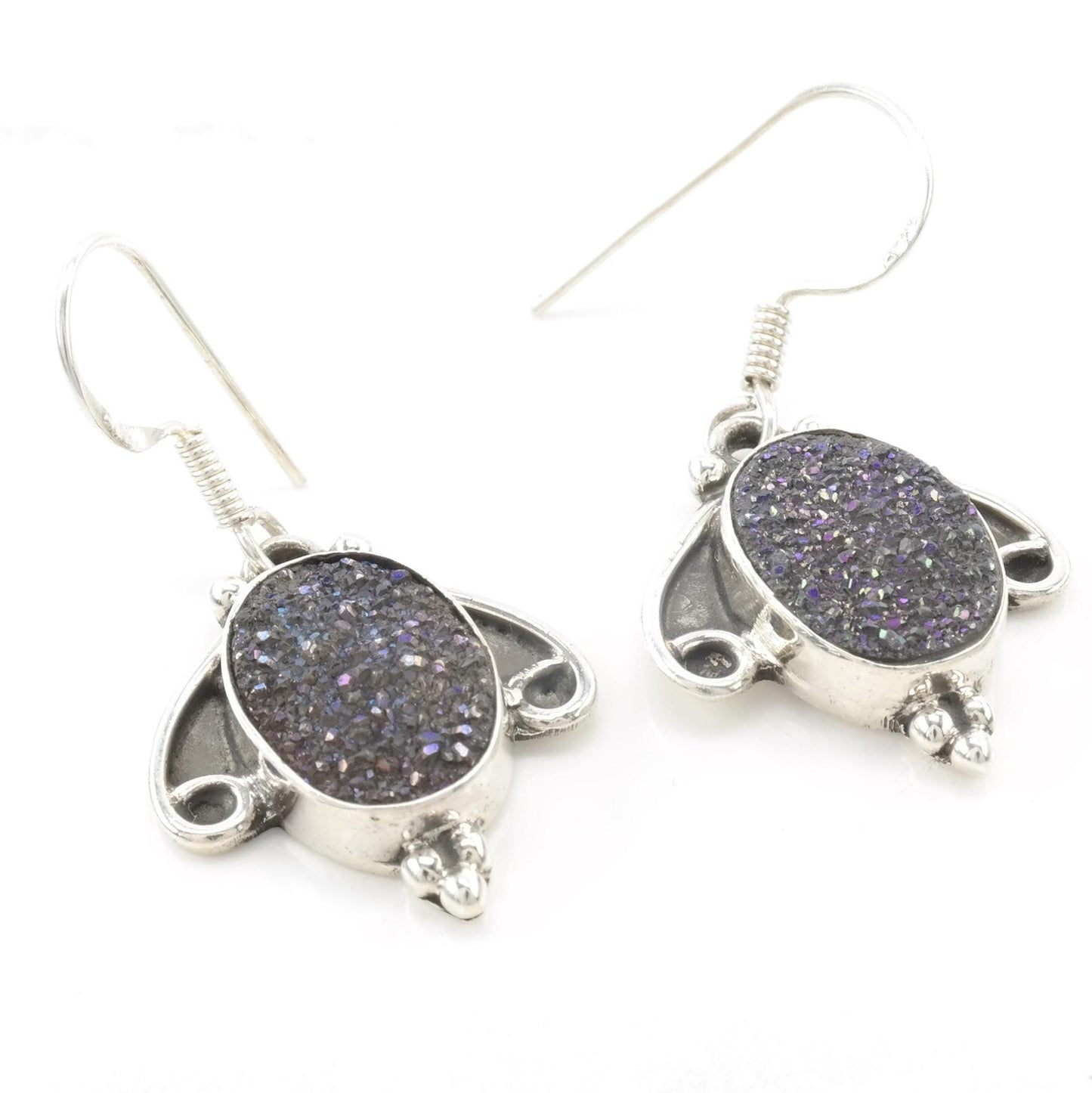 Vintage Druzy Sterling Silver Earrings Fish Hook Dangle