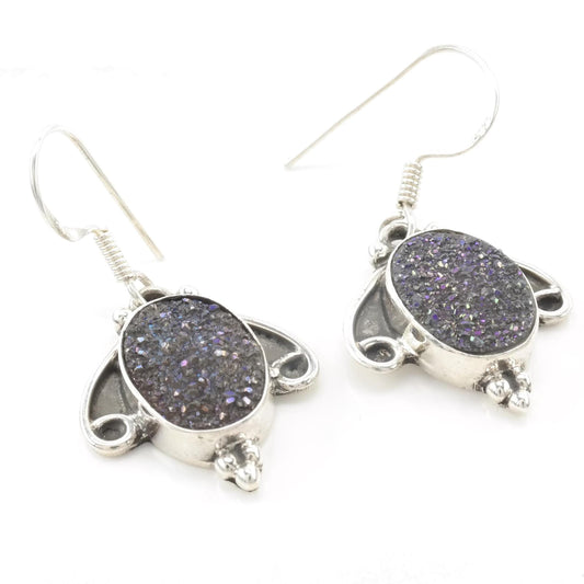 Vintage Druzy Sterling Silver Earrings Fish Hook Dangle
