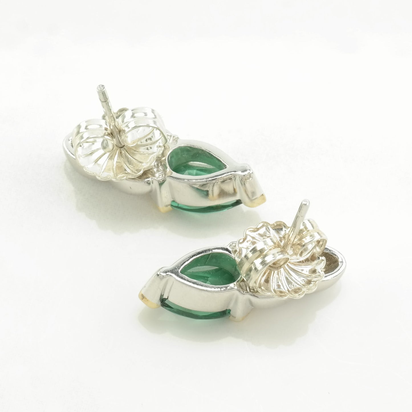 Vintage Sterling Silver Green Gemstone 18K Gold Earrings Stud