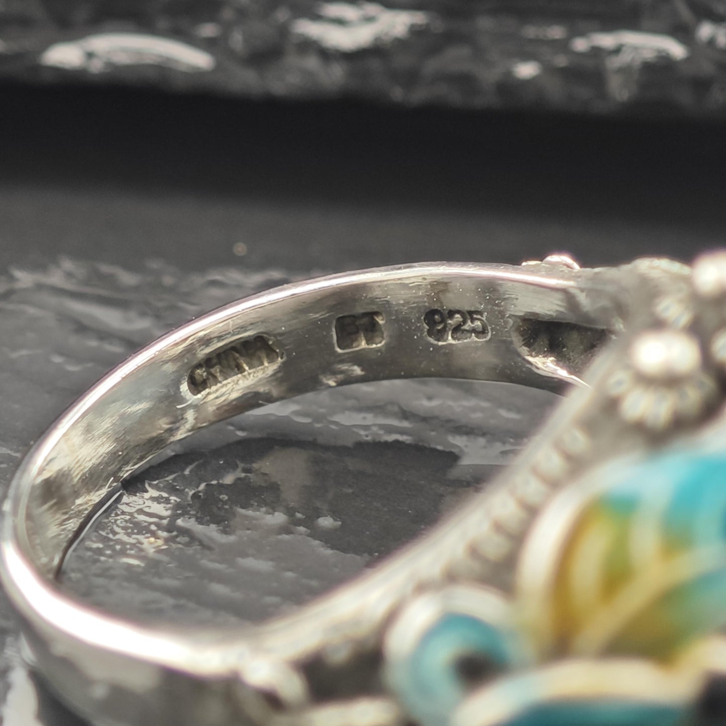 Chinese Export Enamel Conch Butterfly Ring Sterling Silver