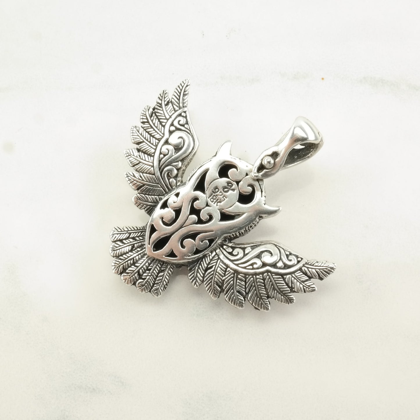 Vintage 18K Gold Accents, Blue Topaz Owl Sterling Silver Pendant