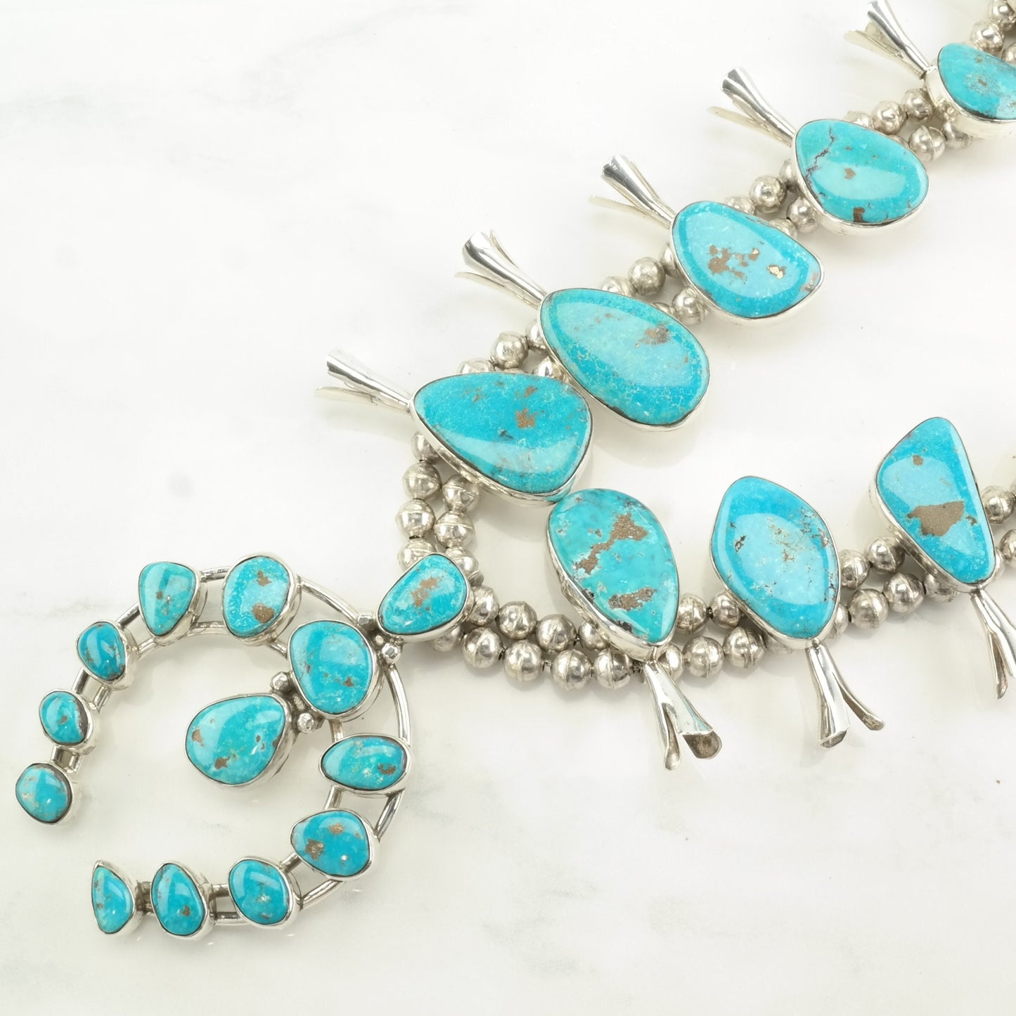Vintage Squash Blossom Sterling Silver Blue Turquoise Mountain Peak Necklace