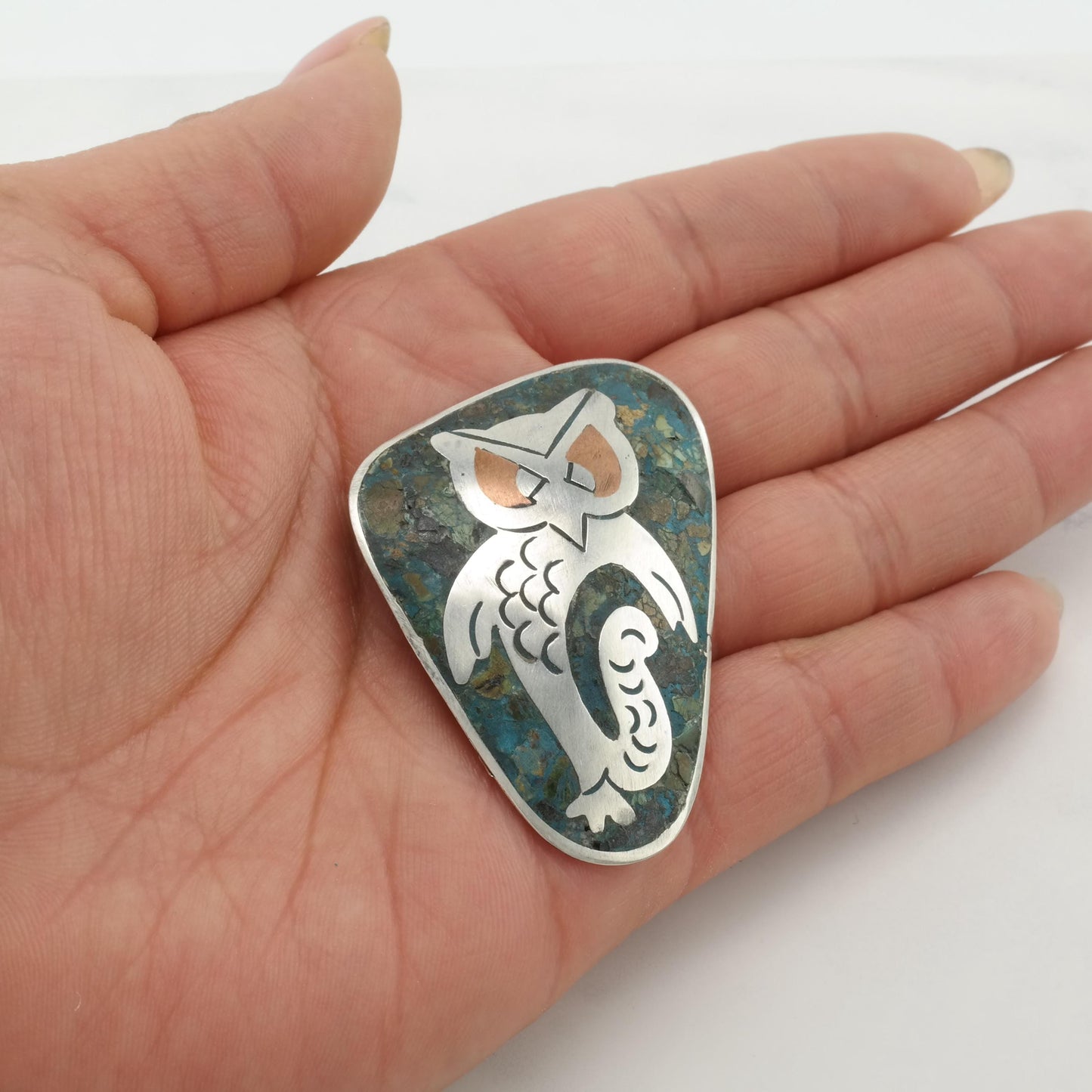 Inlay Owl Brooch Taxco Sterling Silver B1983