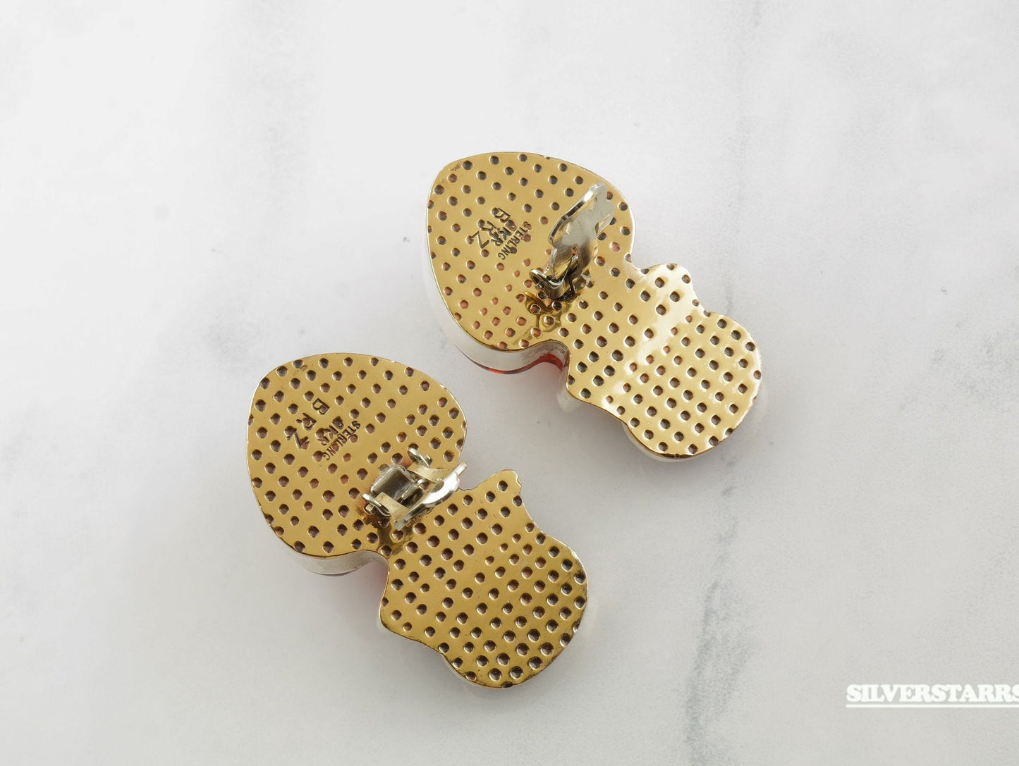 Sterling Silver Orange Red Amber Carnelian Clip-On Earrings